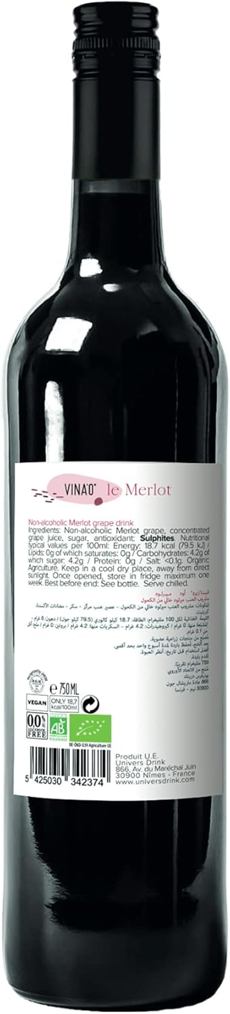 VINA&rsquo;0 Le Merlot Alcohol-Free Organic Red Wine 750 Ml image number 2