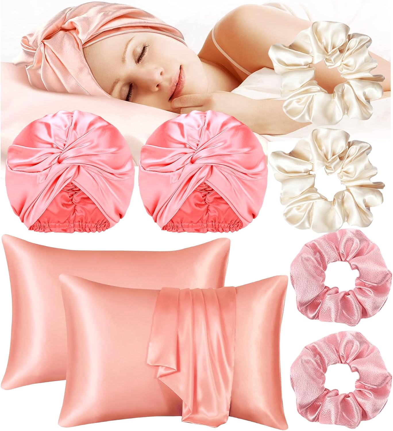 8Pack Satin Bonnet Silk Cap Pillowcase Scrunchies Set, Natural Night Bonnet Hair Wrap with Elastic Stay on Head, Silk Pillow Cases Elastic Ponytail Holders for Women Girls