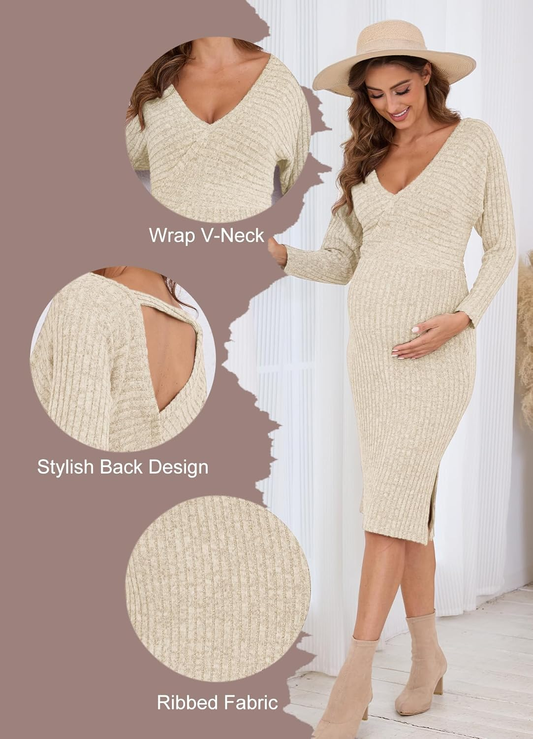 Guruixu Wrap V Neck Maternity Sweater Dress Rib Knit Batwing Open Back Slit Pregnancy Dresses Baby Shower Photoshoot Outfit image number 3