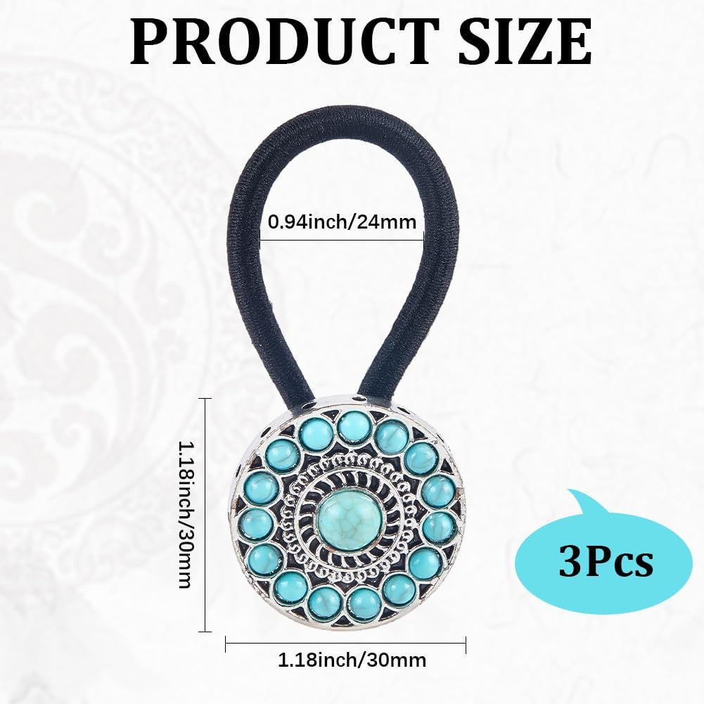 CABODYALS Pack of 3 Boho Western Style Circular Ponytail Holders Metal Turquoise Decorative Hair Bobbles Bracelet Vintage Cowgirl Elastic Hair Bands Rope for Women Outfit Ceremony Party Accessories