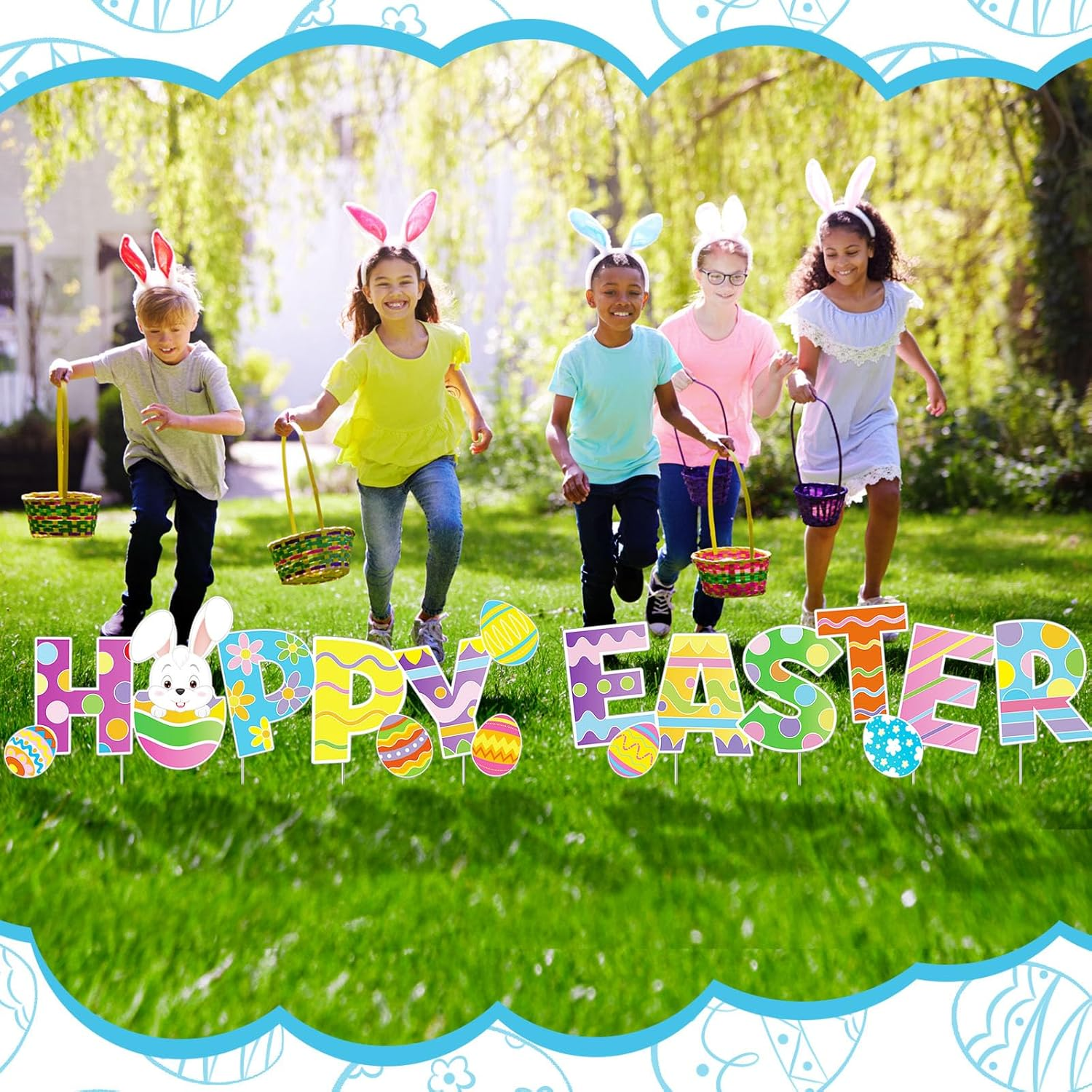 Yalikop 4 Pcs Happy Easter Yard Signs Decorations Outdoor Lawn Decorations Eggs Yard Stake Sign Bunny Outdoor Decorative Stake Signs with 16 Plastic Stakes for Garden Easter Party Supplies Prop image number 4