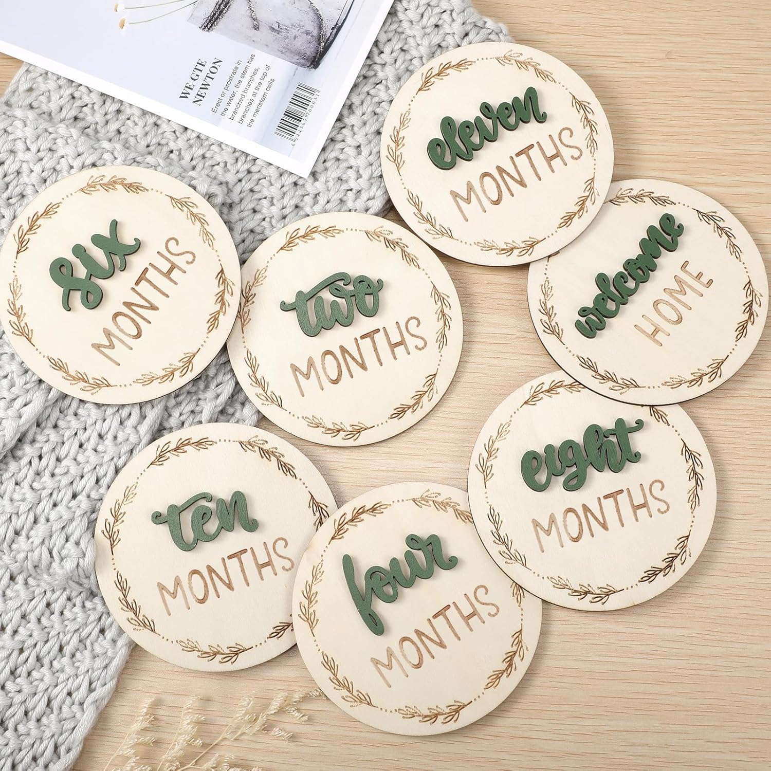 7 Pcs Baby Monthly Milestone Cards Sign, Double Sided 3D Baby Milestone Signs Baby Growth Cards Milestone Wooden Circles for Baby Boy Girls 1-12 Months Baby Milestone Pictures (Double Sided)