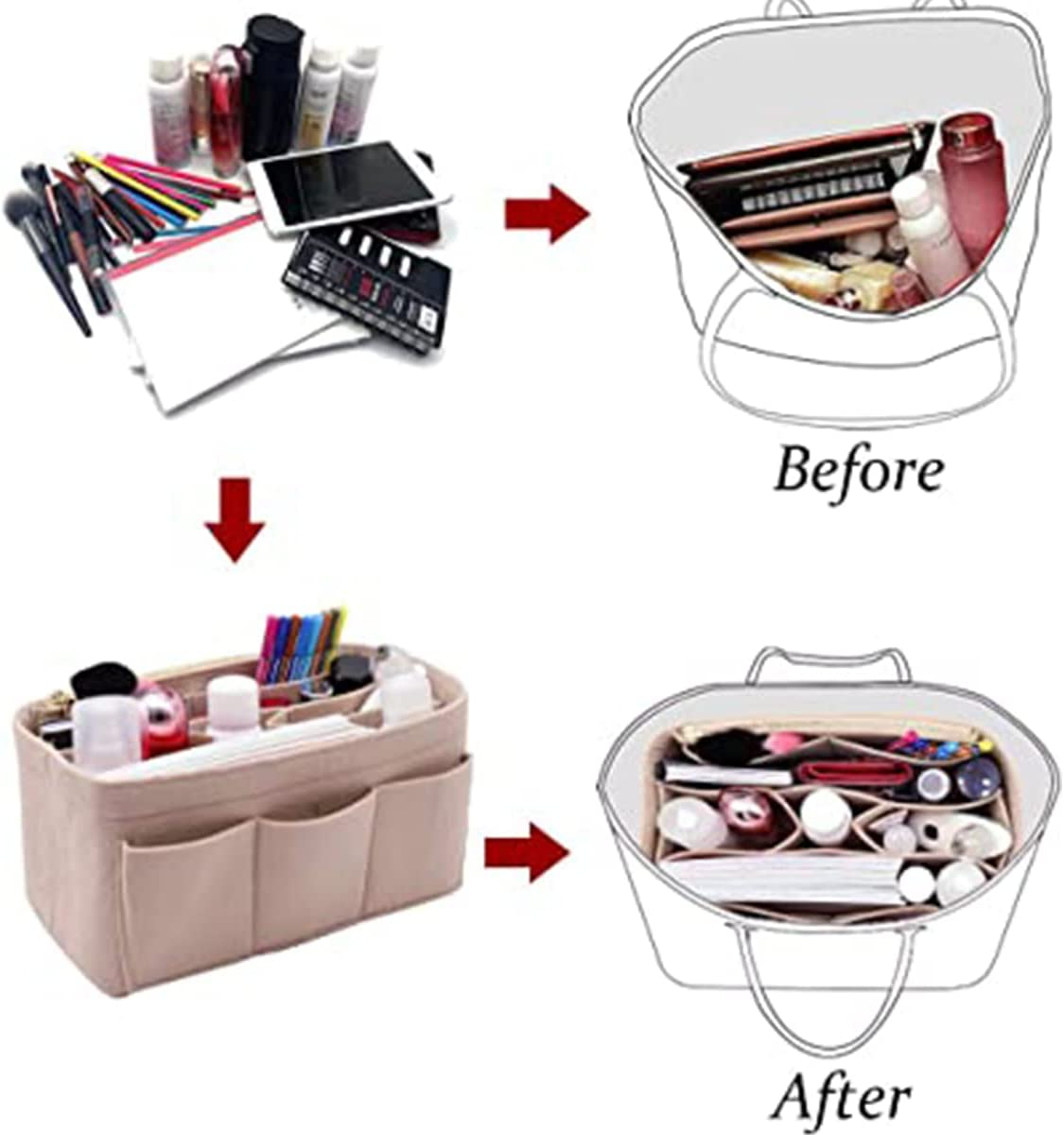 Detachable Handbag Insert Bag Makeup Organizer Bag Cosmetic Insert Organizer Multi-Pockets Portable Purse Organizer for Travel (2Pcs) image number 3