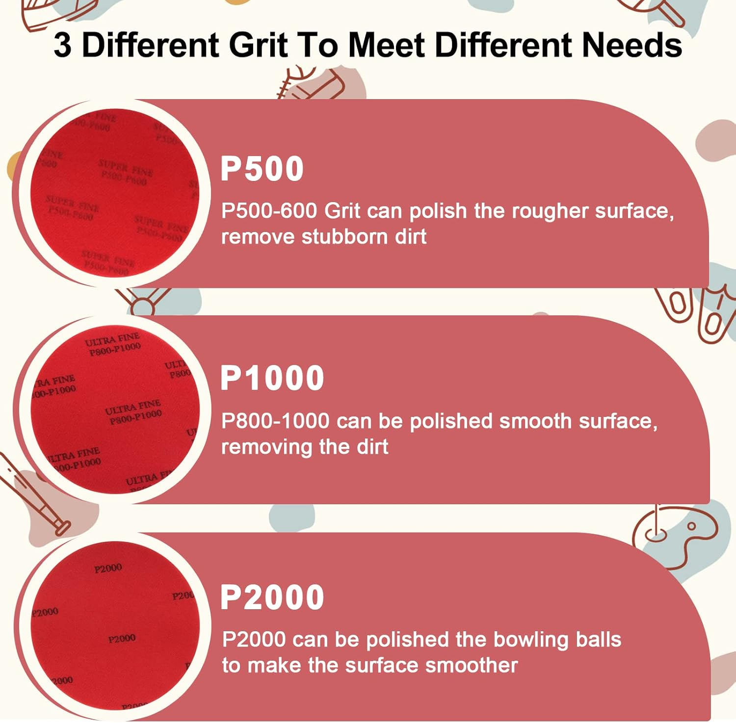 Windspeed 6+1 Pack Bowling Ball Sanding Pads with Bowling Towels, Bowling Ball Cleaning Pad 500/1000/2000 Bowling Ball Grit Pads image number 1