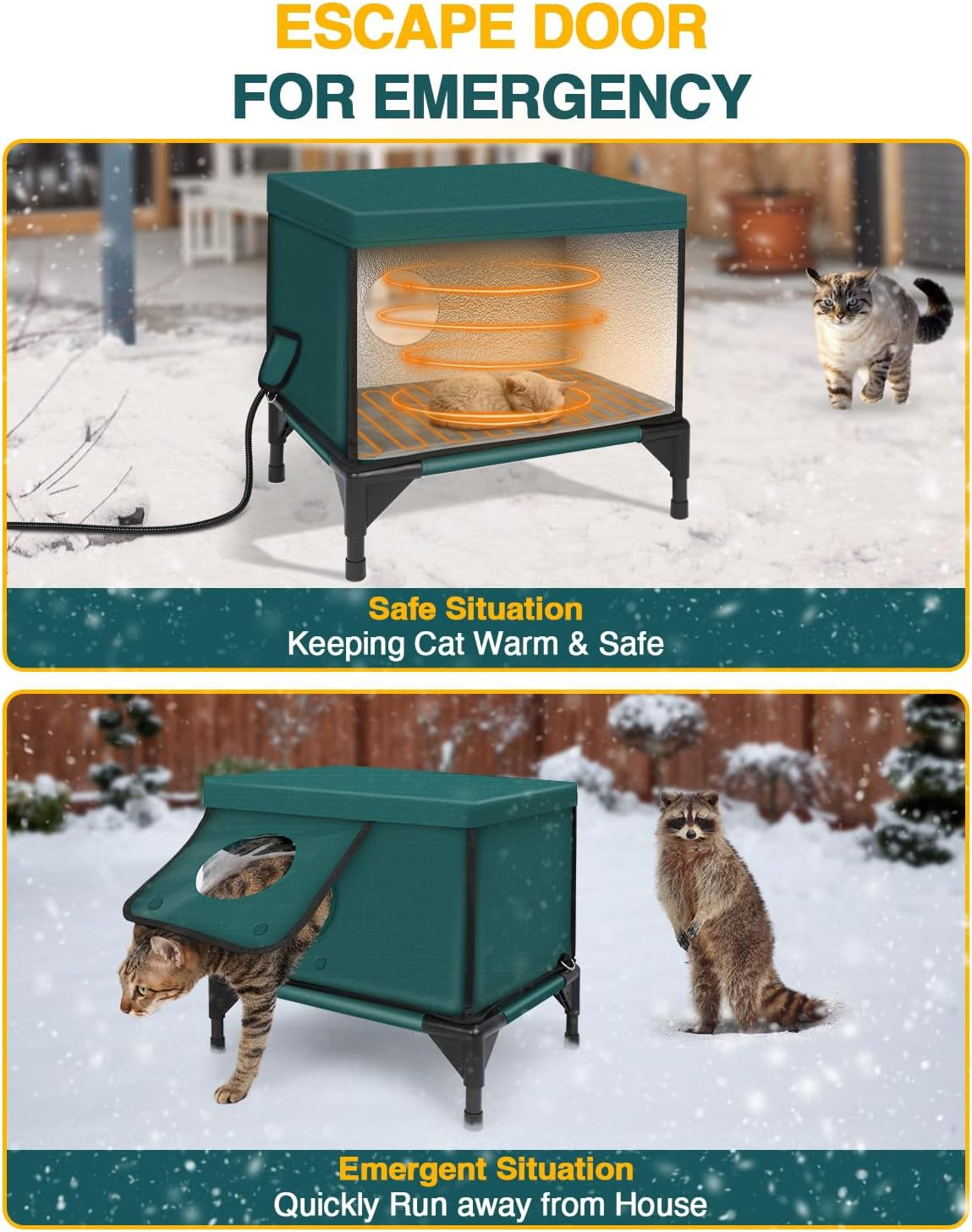 Clawsable Premium Heated Cat House for outside Winter, 100% Weatherproof, Safe Escape Door, Insulated Outdoor Cat House Shelter with Heater for Feral Barn Cat Kitty (Dark Forest Green, Small) image number 5