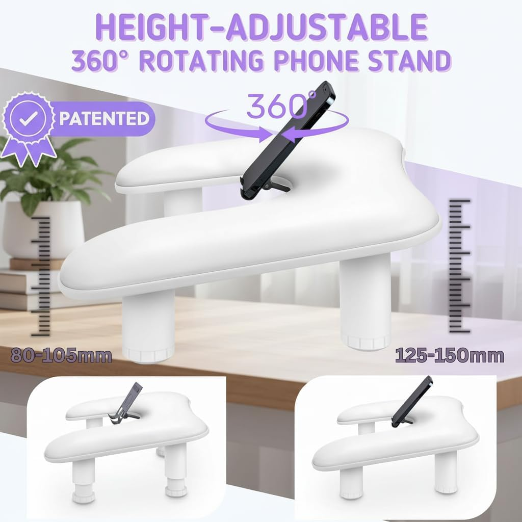 PANTREE Manicure Arm Rest for Nail Techs: U Shaped Manicure Arm Rest with 360&deg; Rotating Phone Holder - Big Arm Rest for Nail Techs - Detachable Manicure Hand Pillow for Salon or Home Use (White) - New-White image number 4