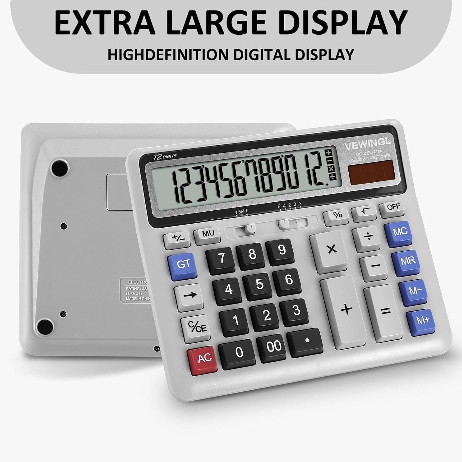 VEWINGL Desk Calculator 12 Digit, Large Computer Keys,Desktop Dual Power Battery and Solar, Calculator with Large LCD Display for Office,School, Home & Business Use,Automatic Sleep.7.6 * 6.4In - Retro Gray image number 3
