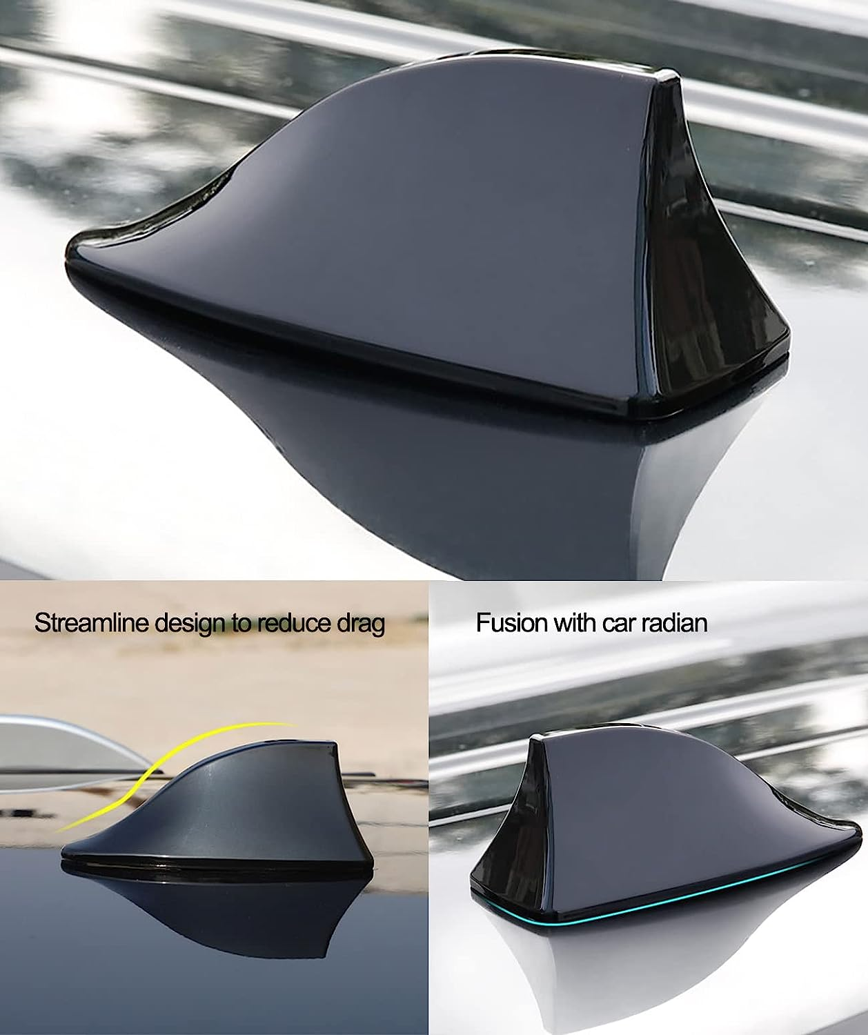Universal Car Aerials Shark Fin Antenna Cover Car Trim AM/FM Signal Design Roof Antenna with Aerial Adhesive Base for Car SUV Truck Van (Black) image number 3