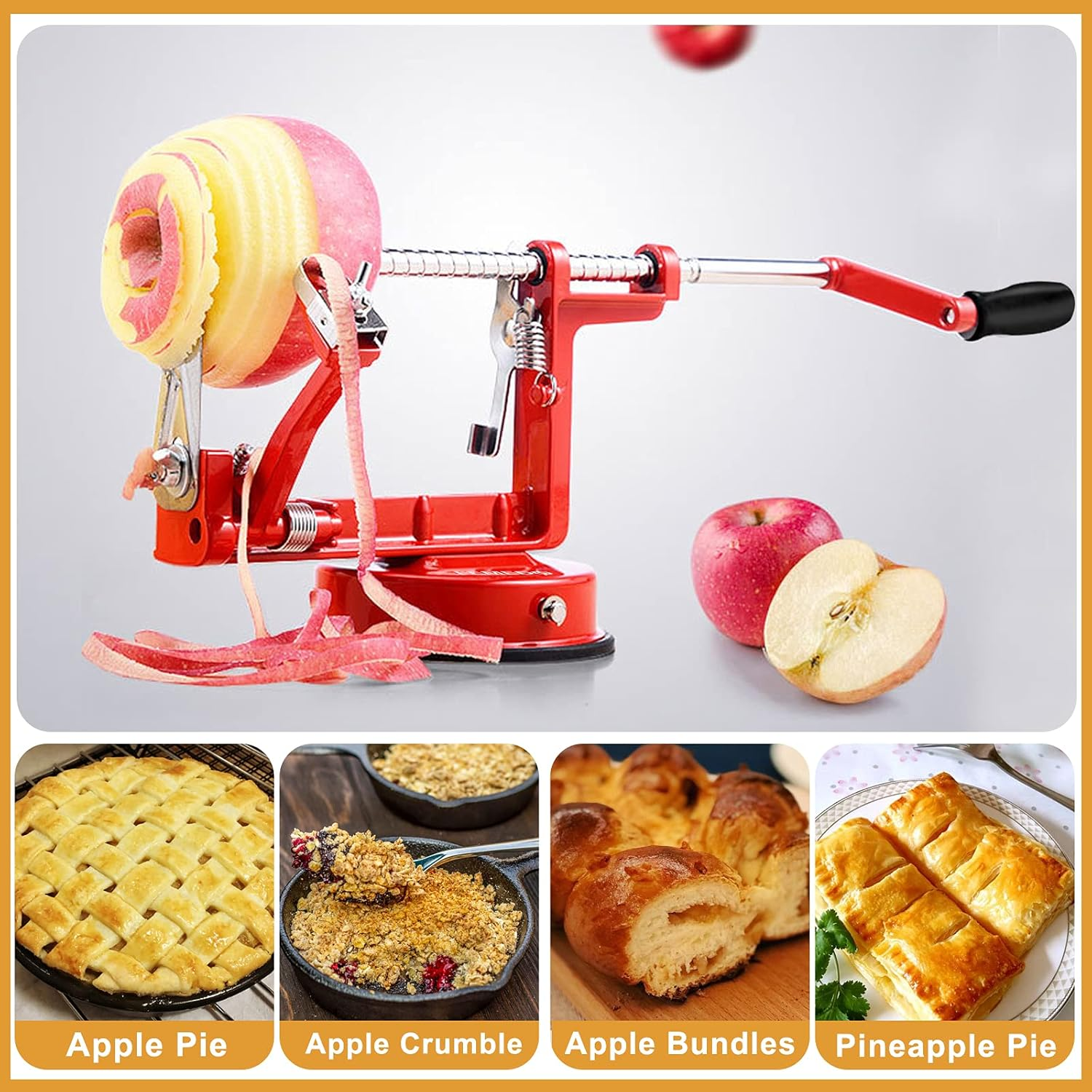 Apple Peeler Slicer Corer with Stainless Steel Blades and Powerful Suction Base for Apples Pears Potatoes(Red) image number 5