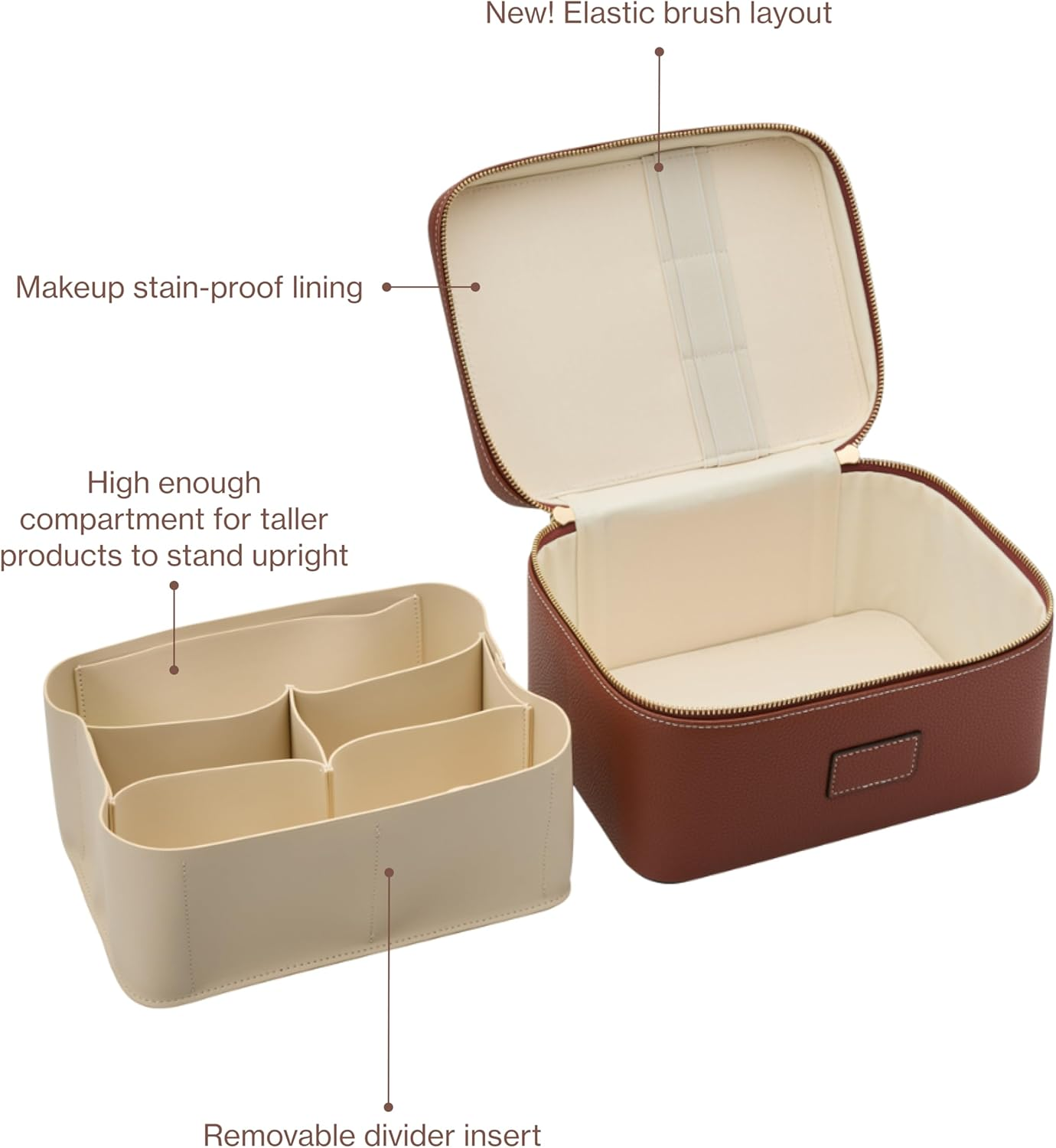 ETOILE - Vanity Case Ginger Brown - Stylish Travel Makeup Bag Organizer with Dividers