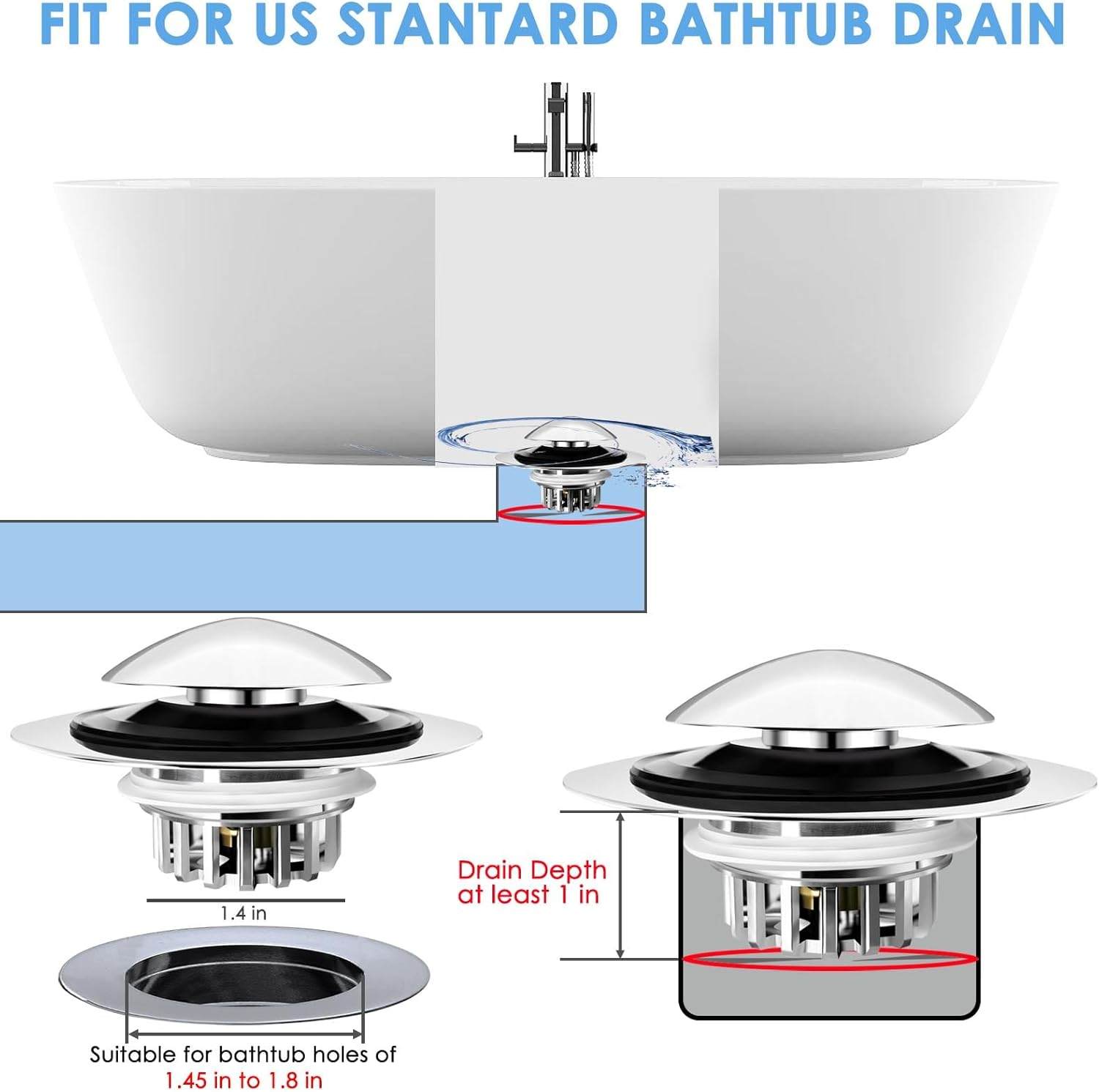 BAOLSLS Bathtub Drain Stopper, Pop up Tub Drain Hair Catcher, Bath Tub Drain Plug and Cover for 1.45-1.8In Drain Hole, Replaces Lift and Turn, Tip Toe or Trip Lever, Silver