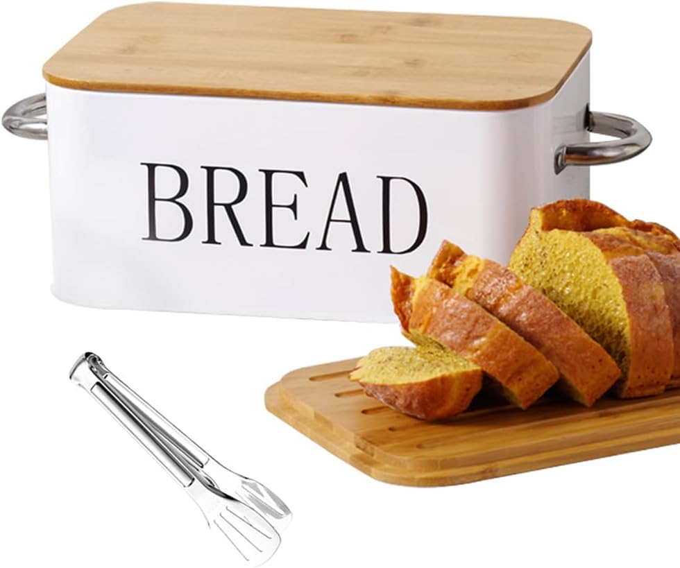 Bread Box with SUS304 Food Tong,Metal Bread Container with Air Valve&Bamboo Cutting Lid,Bread Bin with Metal Handles for Food Storage (White)