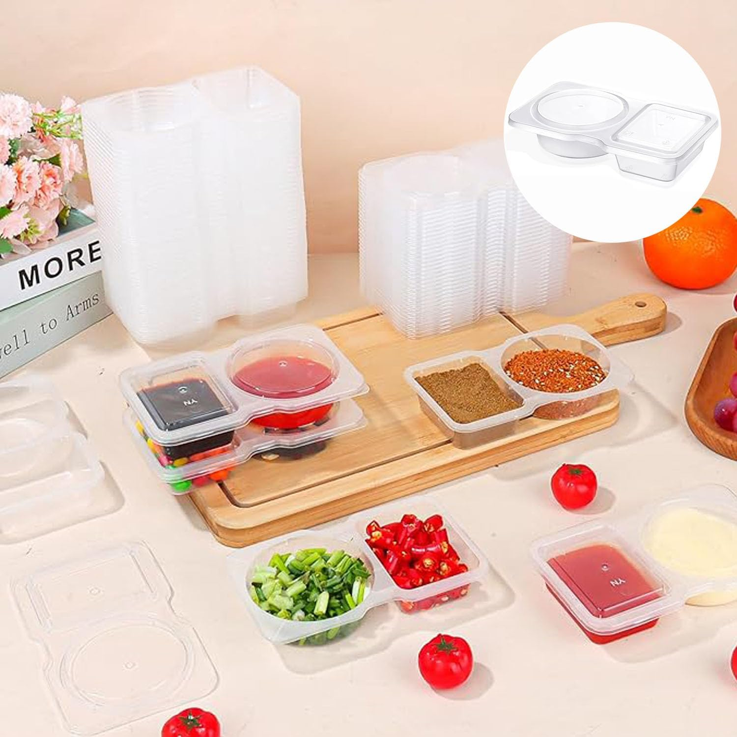 40 Pcs Double Compartment Condiment Container with Lids Disposable, 2 Compartment Snack Containers Reusable Plastic Sauce Containers for To-Go Sauce, Travel Snack, Sampling image number 4