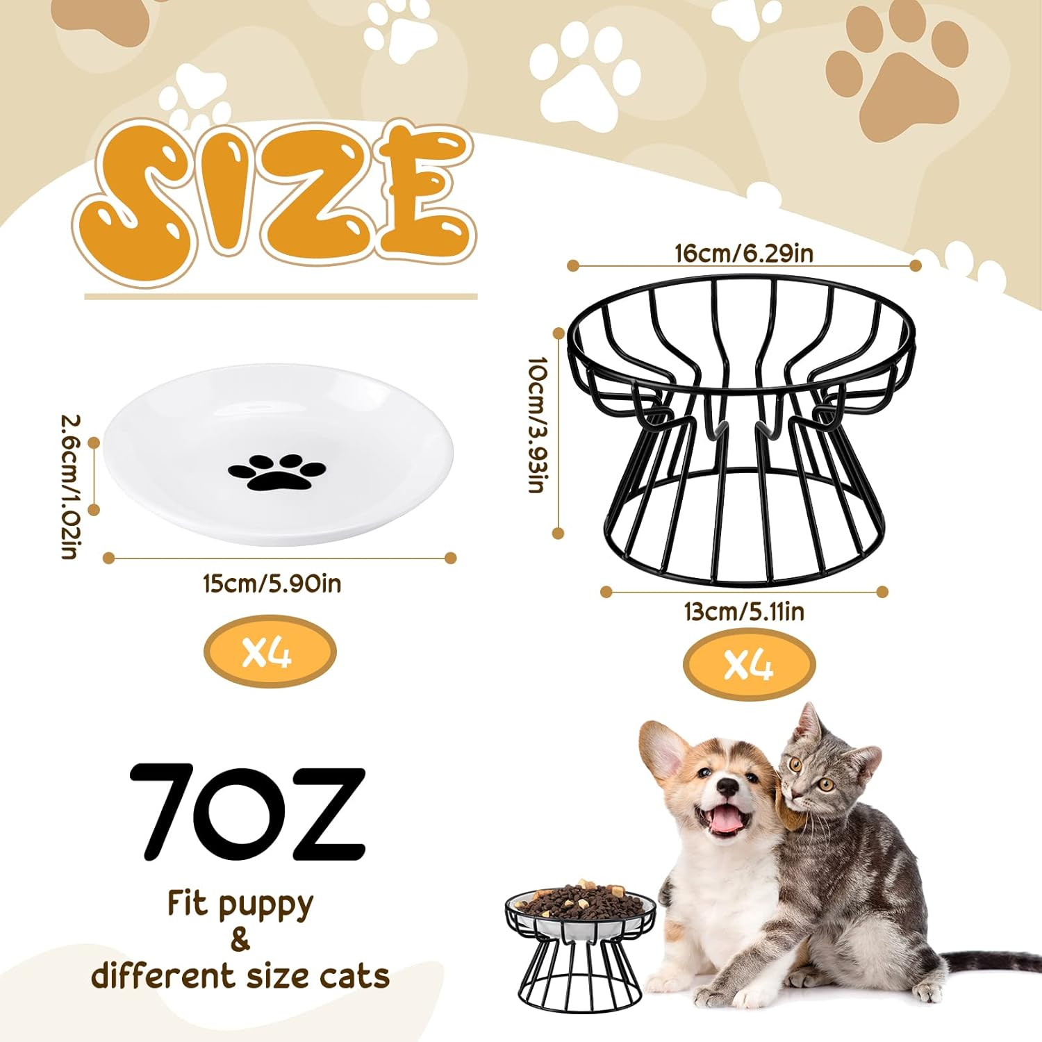 Roshtia 4 Sets Elevated Cat Bowls Ceramic Raised Cat Food Bowls with Metal Stand Dishwasher Safe Dishes Non Slip Elevated Food Plate(Black,Paw) image number 6