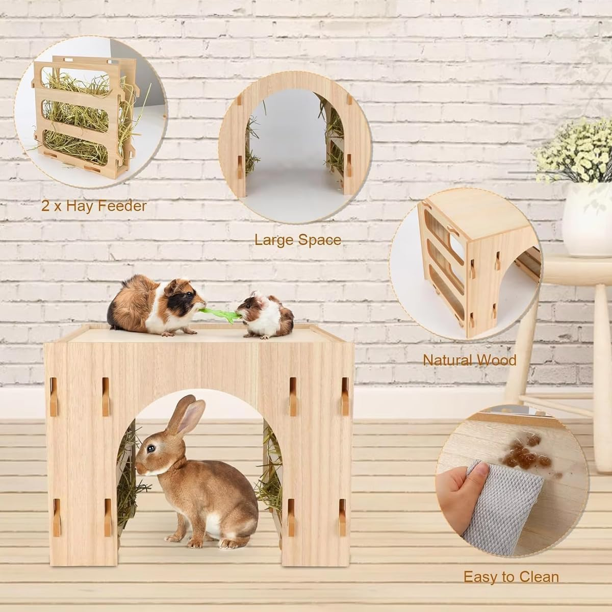 AIMALL Three-In-One Wooden Hay Feeder Bunny Tunnel Hideout Villa for Rabbit Guinea Pig Hamster, Pet Feeding Station with Hay Rack and Shelter, Easy to Clean image number 3