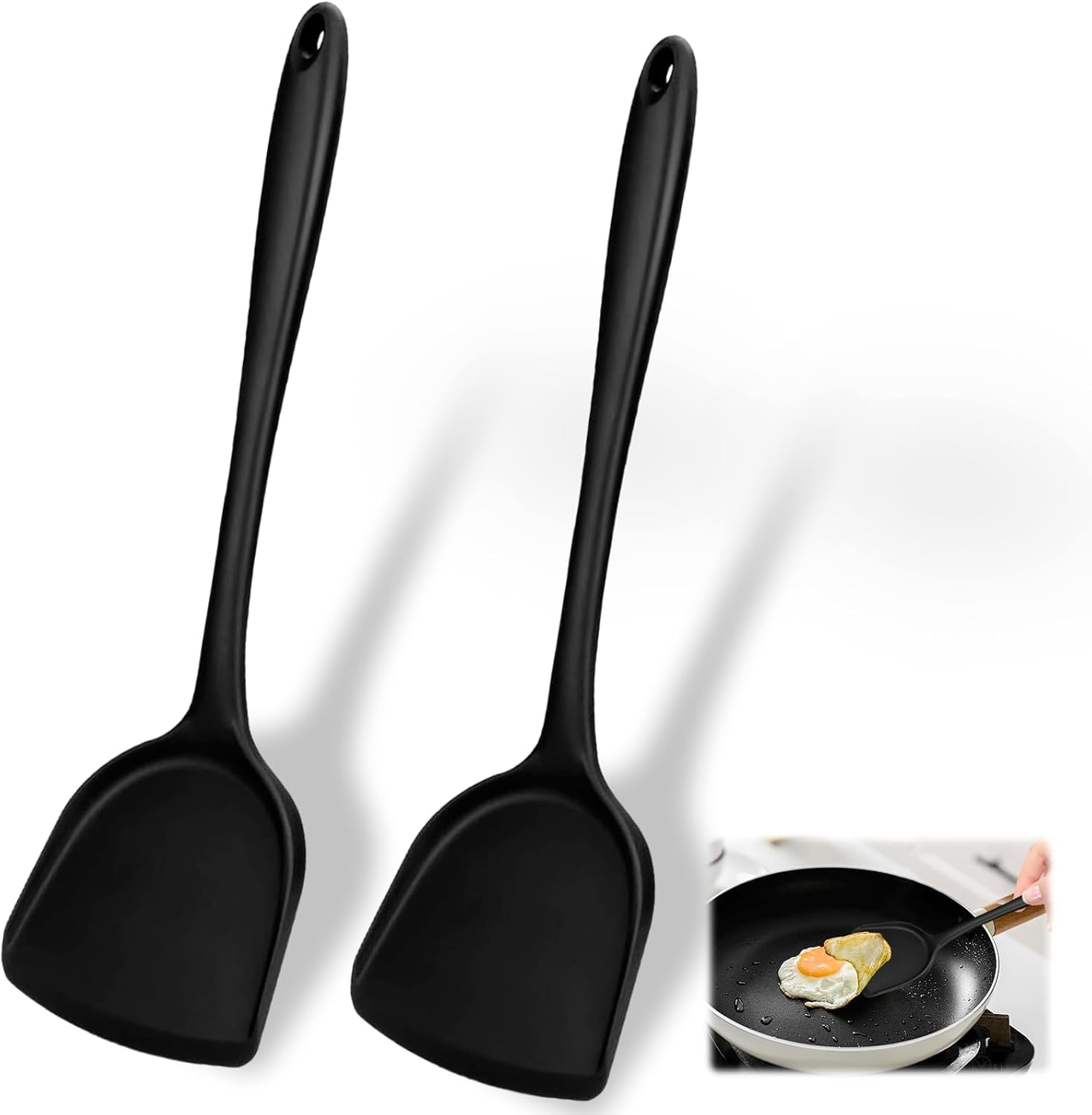 Pack of 2 Silicone Wok Spatula,Silicone Turner Spatula,Silicone Spatula for Cooking,Non-Stick,Bpa Free,Heat Resistant, Easy to Clean, for Cooking, Baking, Flipping Eggs, Pancake, Burgers (Black) image number 1