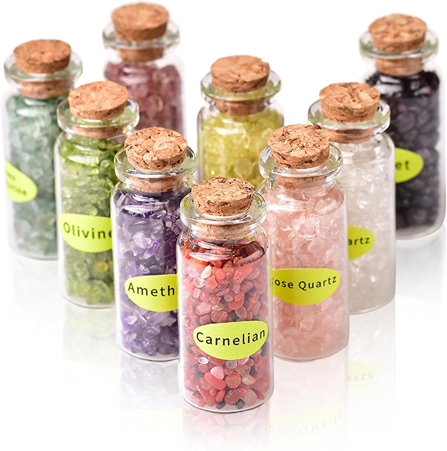9PCS Crystal Gemstone Bottles Set, Healing Crystal Tumbled Stones Collection Kit, Mini Natural DIY Craft Quartz Gravel Wishing Bottle for Yoga, Reiki, Healing, Meditation, Chakra Balance
