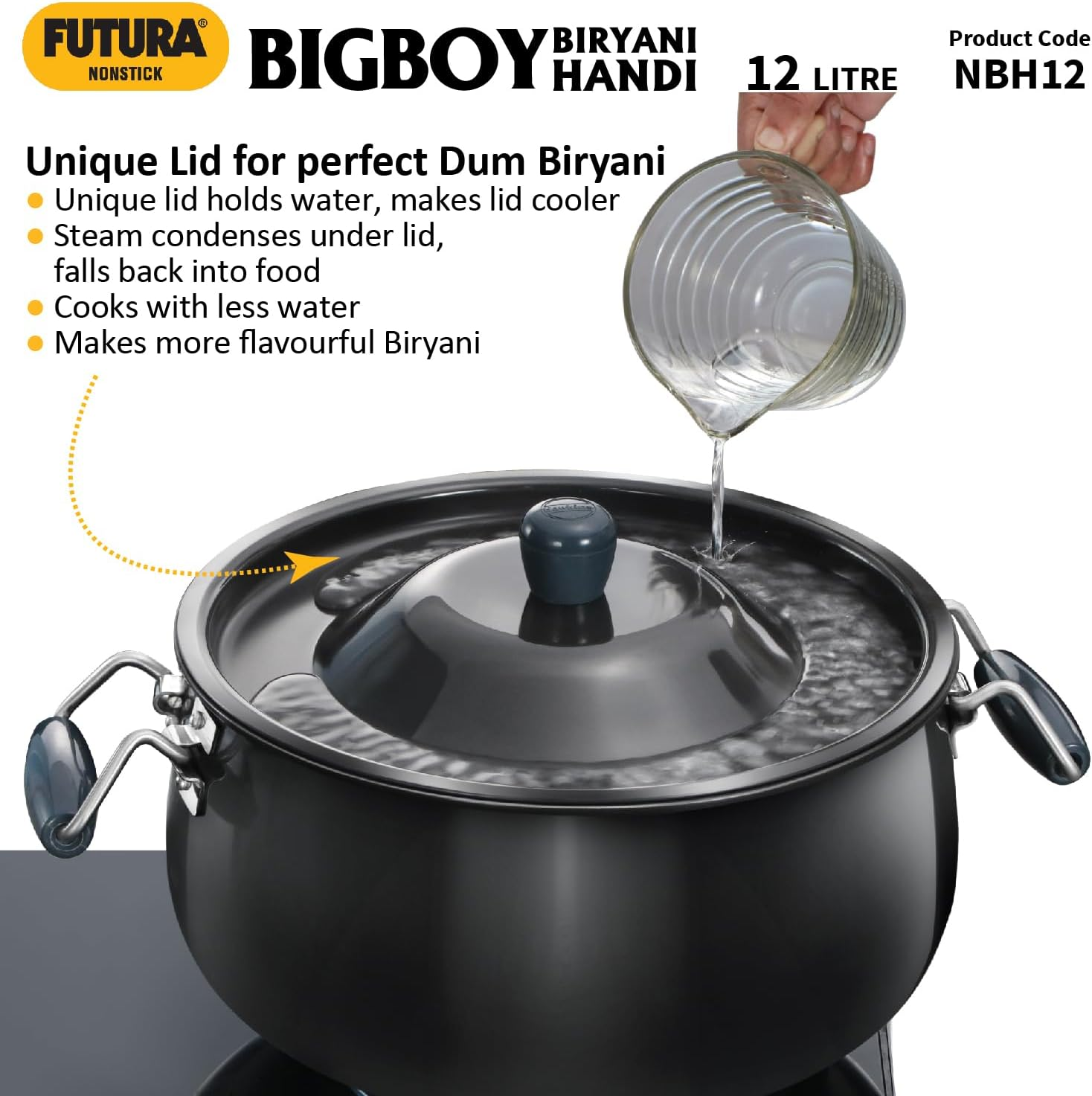 Hawkins Futura 12 Litre Bigboy Biryani Handi, Non Stick Pot with Hard Anodised Lid, Sauce Pan for Cooking and Serving Biriyani, Black (NBH12) Aluminium image number 4