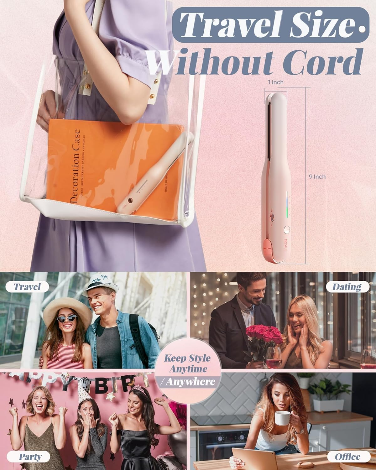 NOVUS 1 Inch Cordless Mini Hair Straightener, Type-C Mini Flat Iron, 2 in 1 Portable Travel Flat Iron & Curling Iron, Fast Heating & 3 Heat Settings, Wireless Ceramic Straightener 4000Ma Battery, Pink image number 3