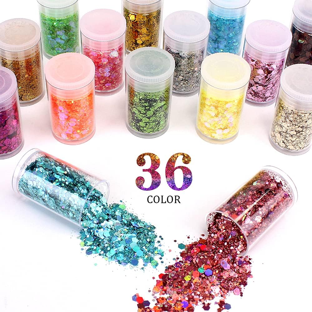 Chunky and Fine Glitter Mix, Estanoite 36 Colors Chunky Sequins & Fine Glitter Powder Mix, Cosmetic Makeup Flakes for Face Body Eye Nail Art Resin Epoxy image number 2