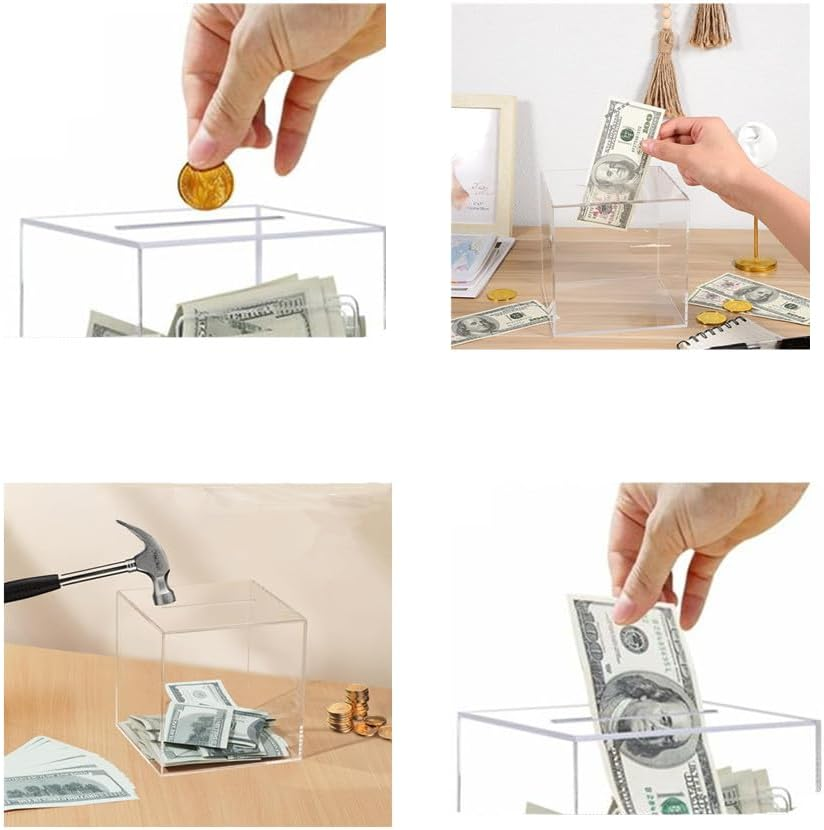Clear Acrylic Money Box, Wanfoou Clear Piggy Bank, Unopenable Clear Piggy Bank, Saving Money Box for Storing Coins and Bills (Clear 12X12X12Cm)