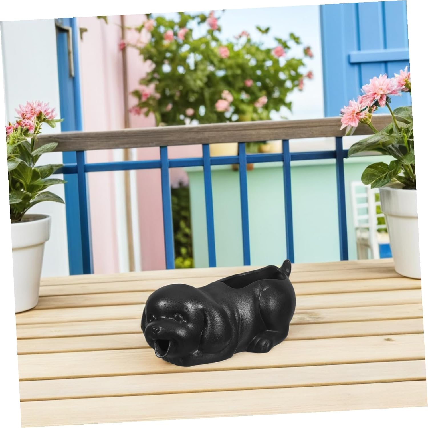 Ceramic Puppy Fountain Spitter Garden Waterfall Jar for Outdoor Patio Decor with Planter for Fish Tank Micro Landscape - Khaki image number 3