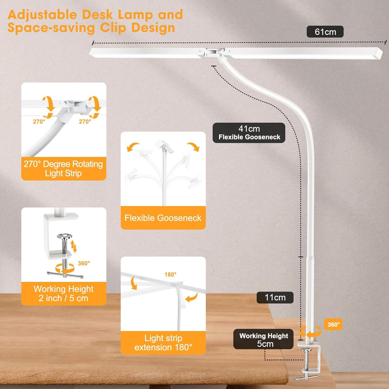 LED Desk Lamp Double Head, Eye-Caring Architect Desk Lamps for Home Office,3 Lighting Modes & 10 Level Brightness Adjustable Gooseneck Clamp Desk Light (White) image number 1