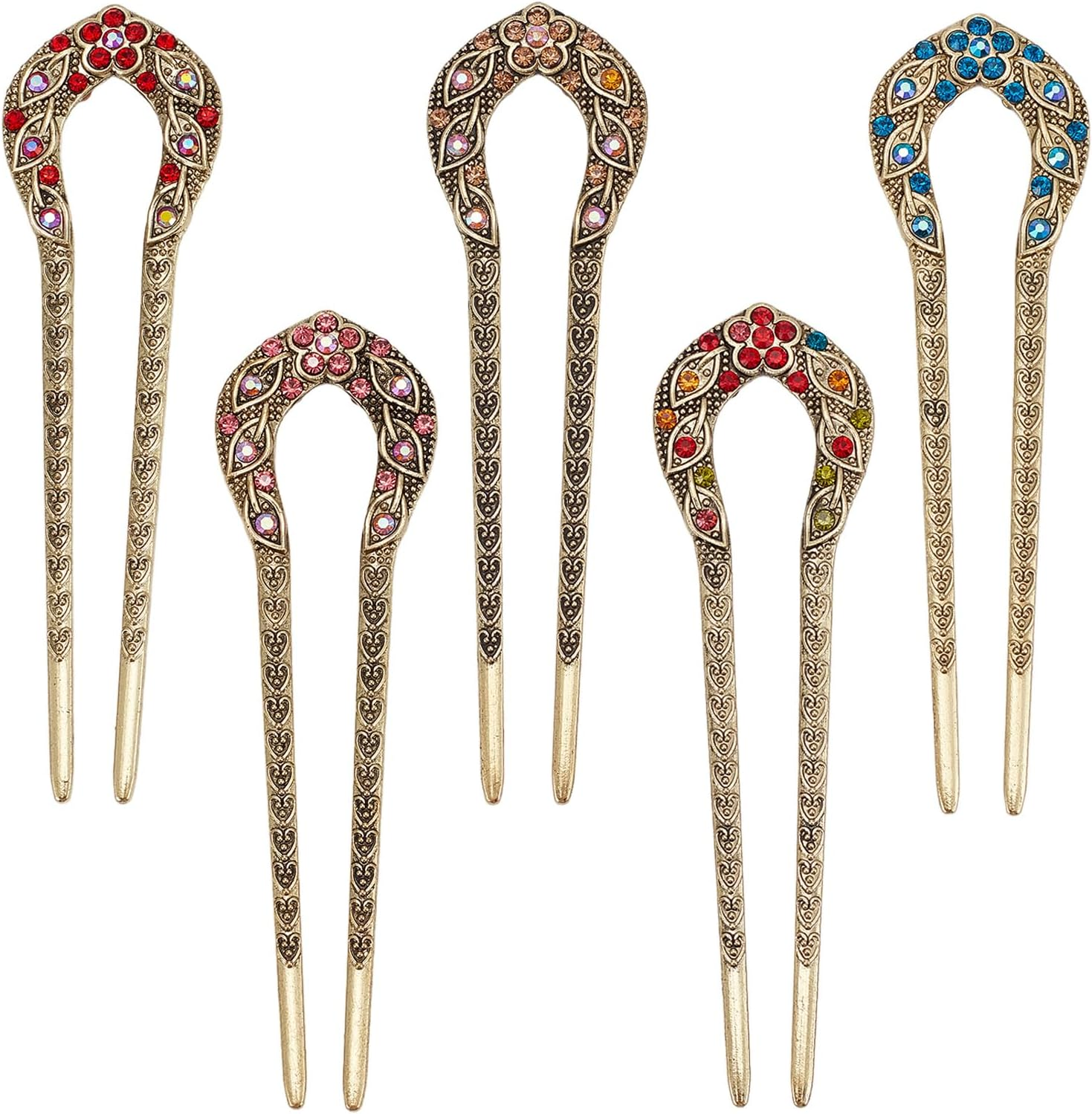 NICENEEDED 5 PCS Vintage U-Shaped Hair Forks, French Double Prong Rhinestone Crystal Hairpin, Classical Alloy Hair Accessories for Wedding Party Holiday Daily image number 5