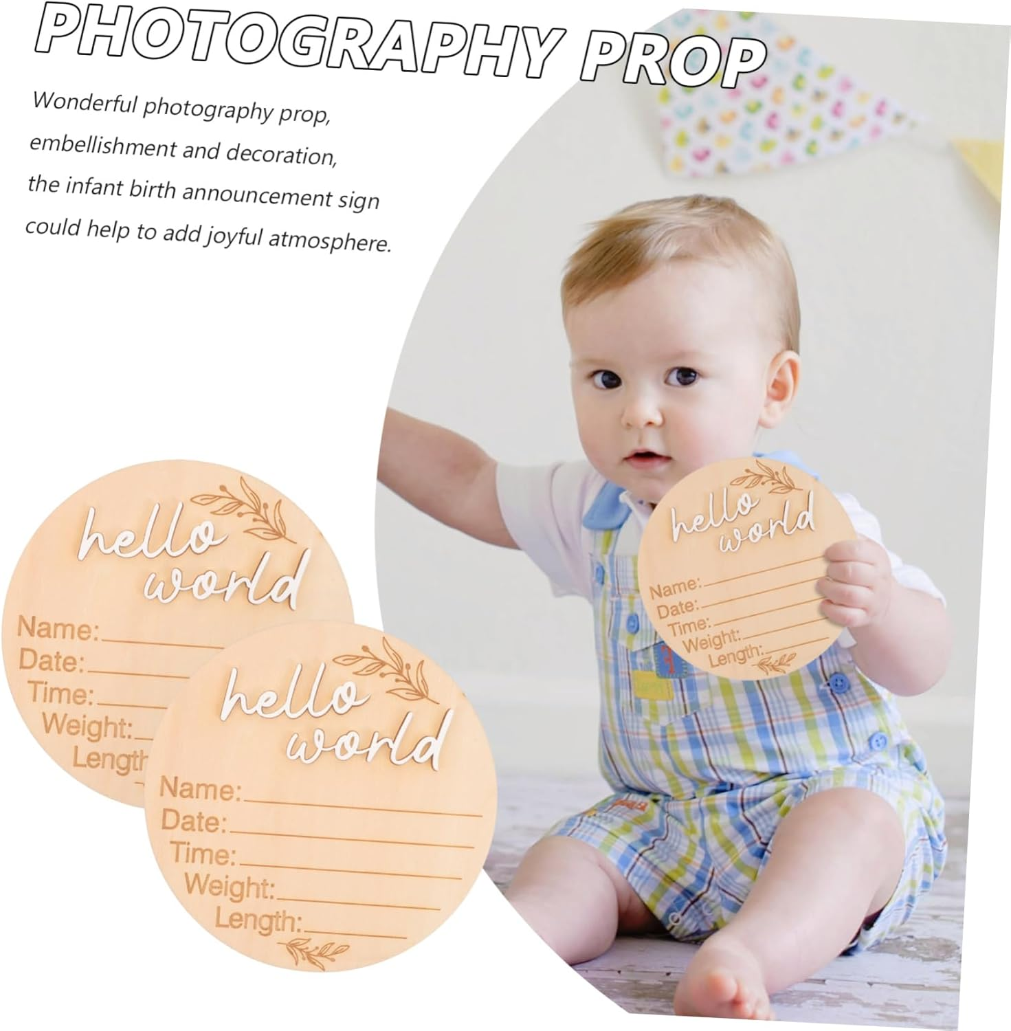 2Pcs Wooden Newborn Birth Announcement Sign Milestone Name Plate Nursery Decor image number 3