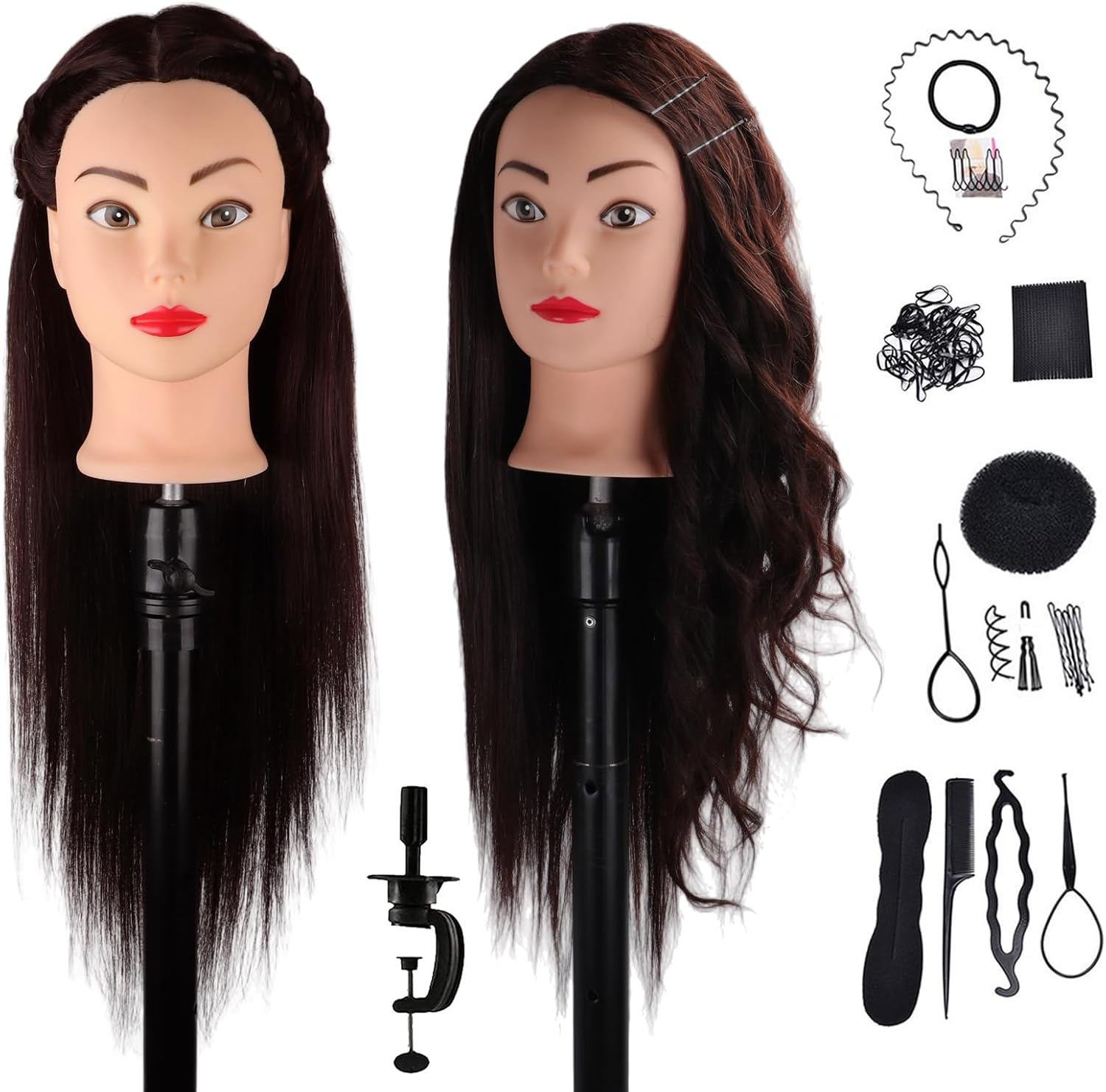 Hair Styling Training Head, 23" Dark Brown Cosmetology Mannequin Head Hairdressing Manikin Doll Head with Clamp & Styling Tools (Brown without Makeup)