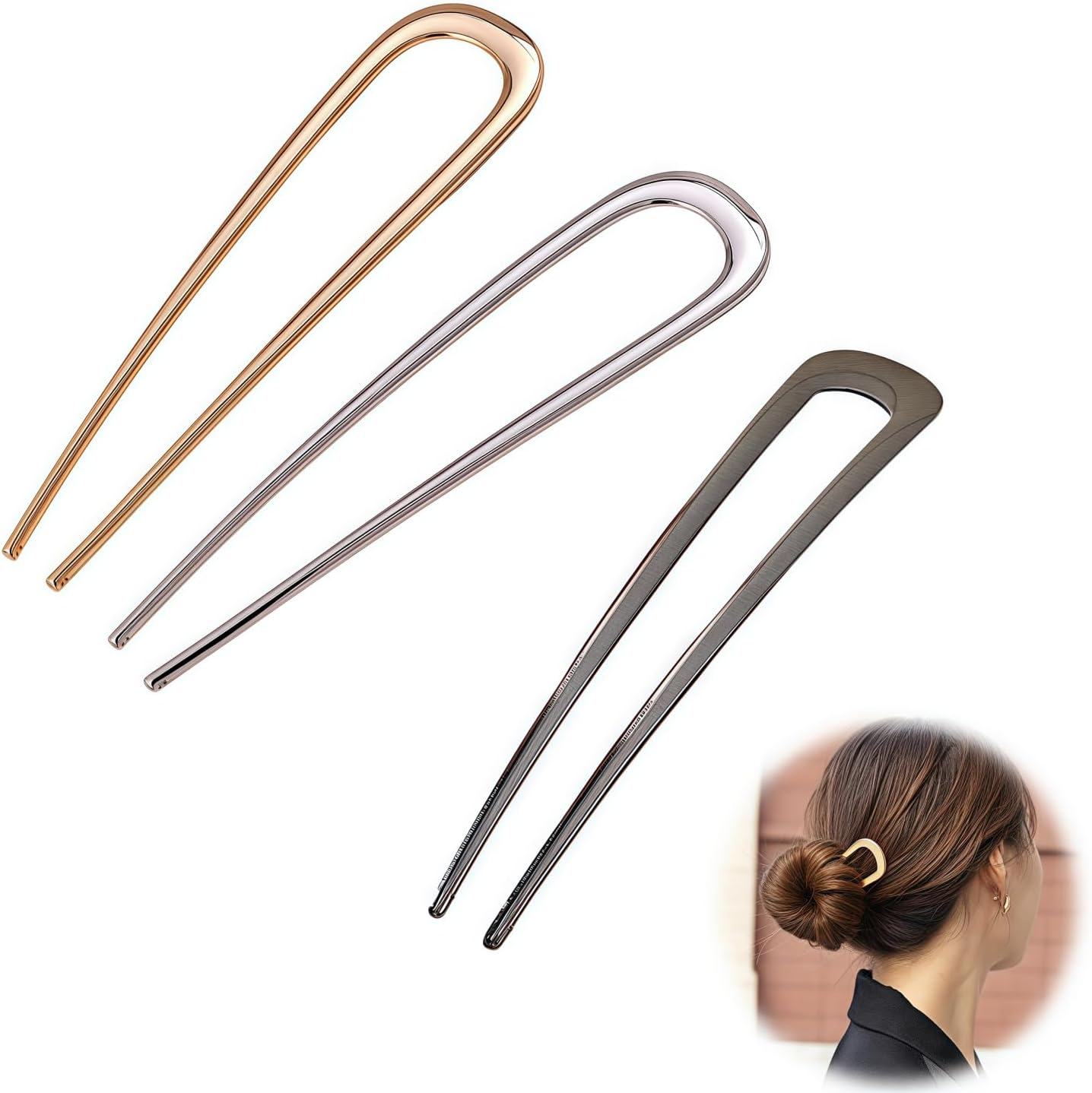 Heanvmyss French Hair Pin, Pack of 3 14 Cm U-Shaped French Twist Hair Pins, Metal Hair Pins, Large, Stylish Vintage Hair Fork, Hair Clips for Women, Girls (Gold + Silver + Black) image number 6