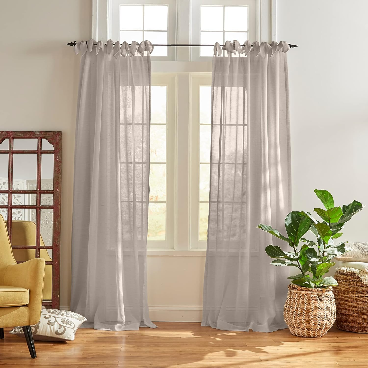 Elrene Home Fashions Vienna Tie-Top Sheer Window Curtain Panel, off White, 52" X 95" (1 Panel)