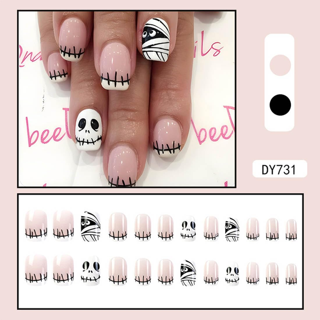 Resweky Halloween Square Skeleton Ghost Demon Nails False Pink Nude French Short False Nails Full Cover Acrylic Nails for Women and Girls (Pink 2, L)