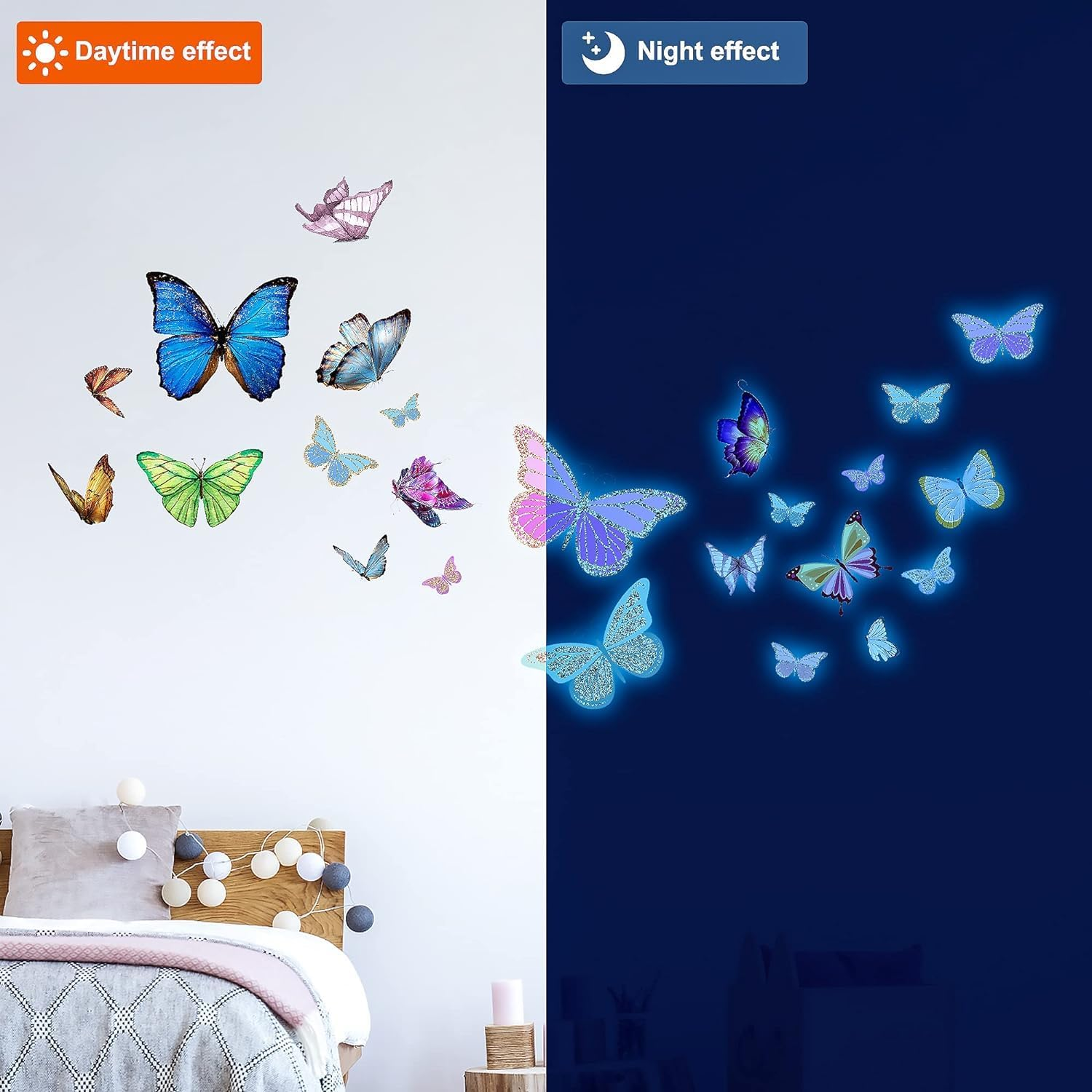 Glow Butterfly Wall Decor Stickers, 58Pcs Luminous Butterfly Wall Decals, Colorful Wall Art, DIY Glow in the Dark Wall Decals for Kids, Girls Bedroom, Bathroom Decorations (Sky Blue)
