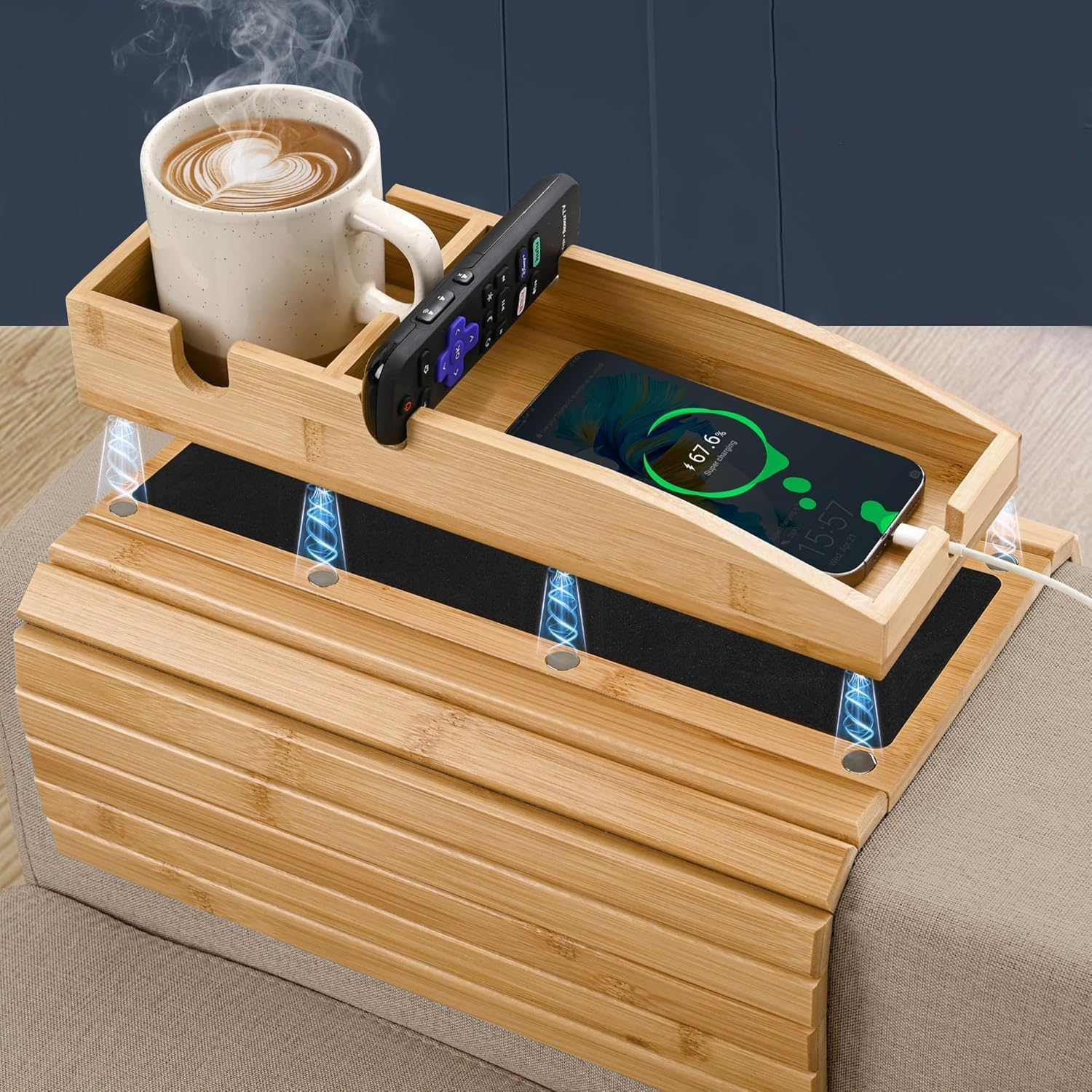 3-In-1 Sofa Armrest Tray &ndash; Detachable Bamboo Couch Cup Holder with Anti-Slip Mat &ndash; Foldable Arm Table for Wide Couches, Perfect for Drinks, Snacks, Cell Phones, and Remotes image number 2