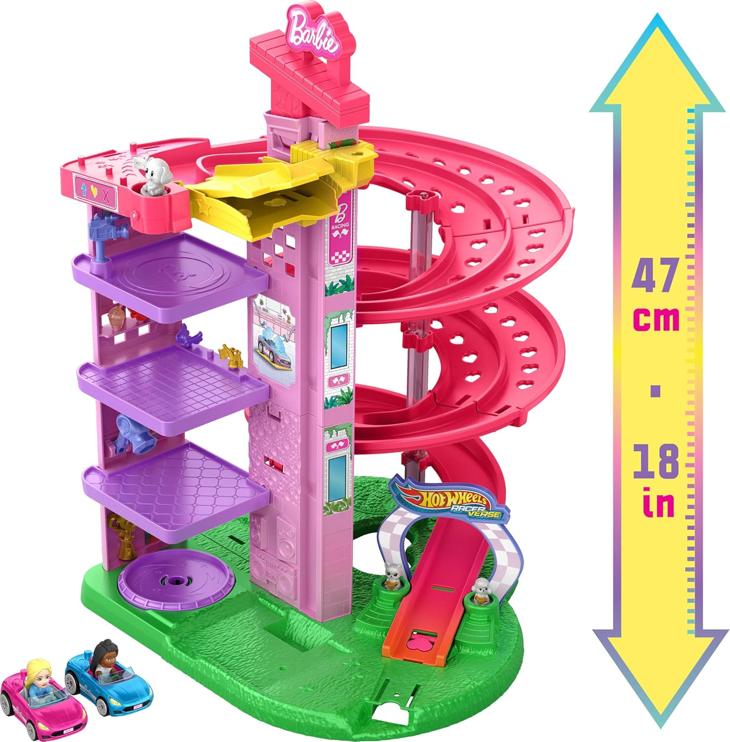 Hot Wheels Toy Cars & Tracks, Racerverse Barbie Spiral Race Playset with Barbie &ldquo;Malibu&rdquo; & Barbie &ldquo;Brooklyn&rdquo; Die-Cast Cars, 5-Levels, Dual Tracks image number 1
