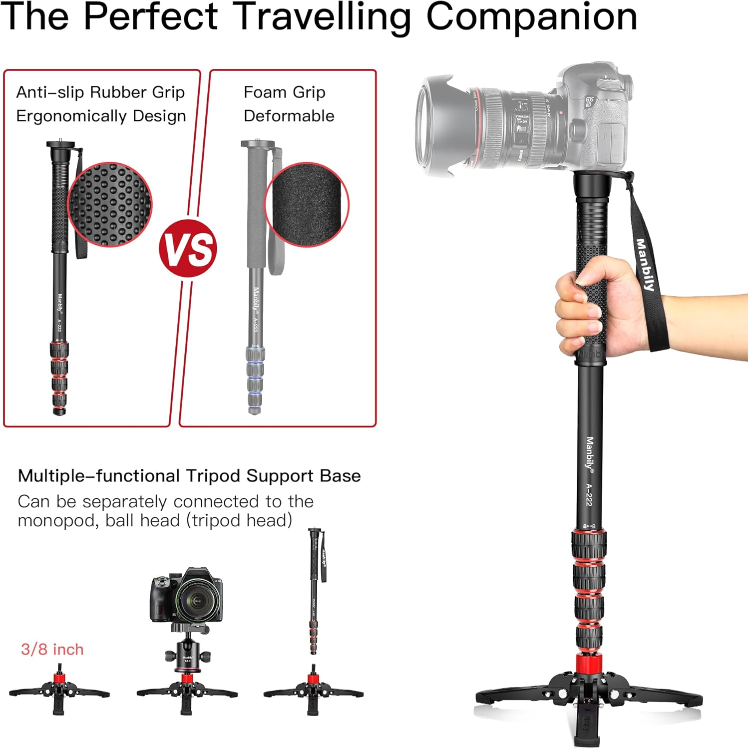 Manbily Extendable Camera Aluminum Monopod with Feet, 170Cm Monopods for Cameras Portable with Removable Tripod Base for DSLR Canon Nikon Sony Video Camcorder, 5 Sections, Max Load 15.5 Lbs (A-222)