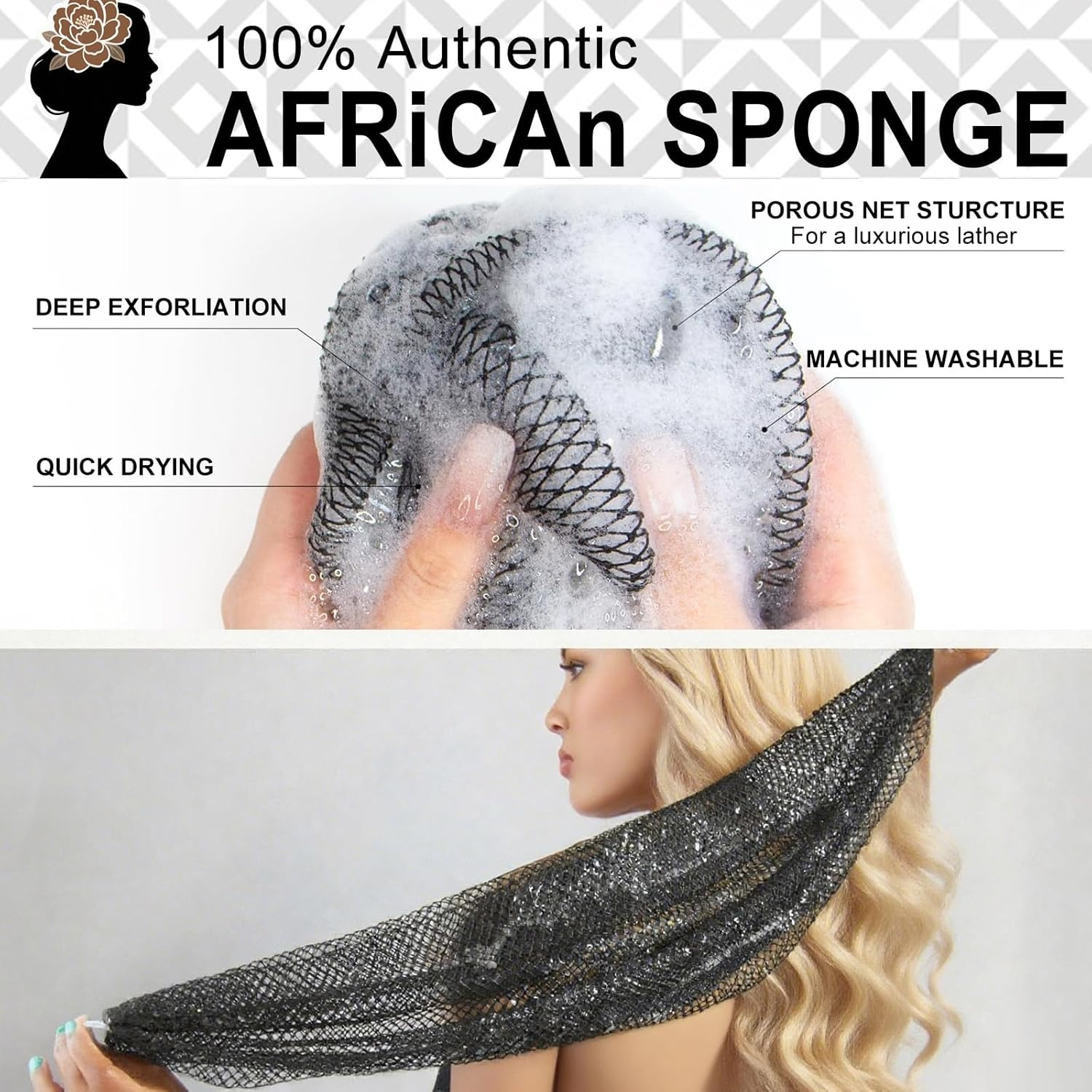 Authentic African Net Sponge with Drawstring, Extra Large Exfoliating Bath Sponge, Long Stretch Mesh Loofah for Shower Back Scrubber Washcloth (Black) image number 4