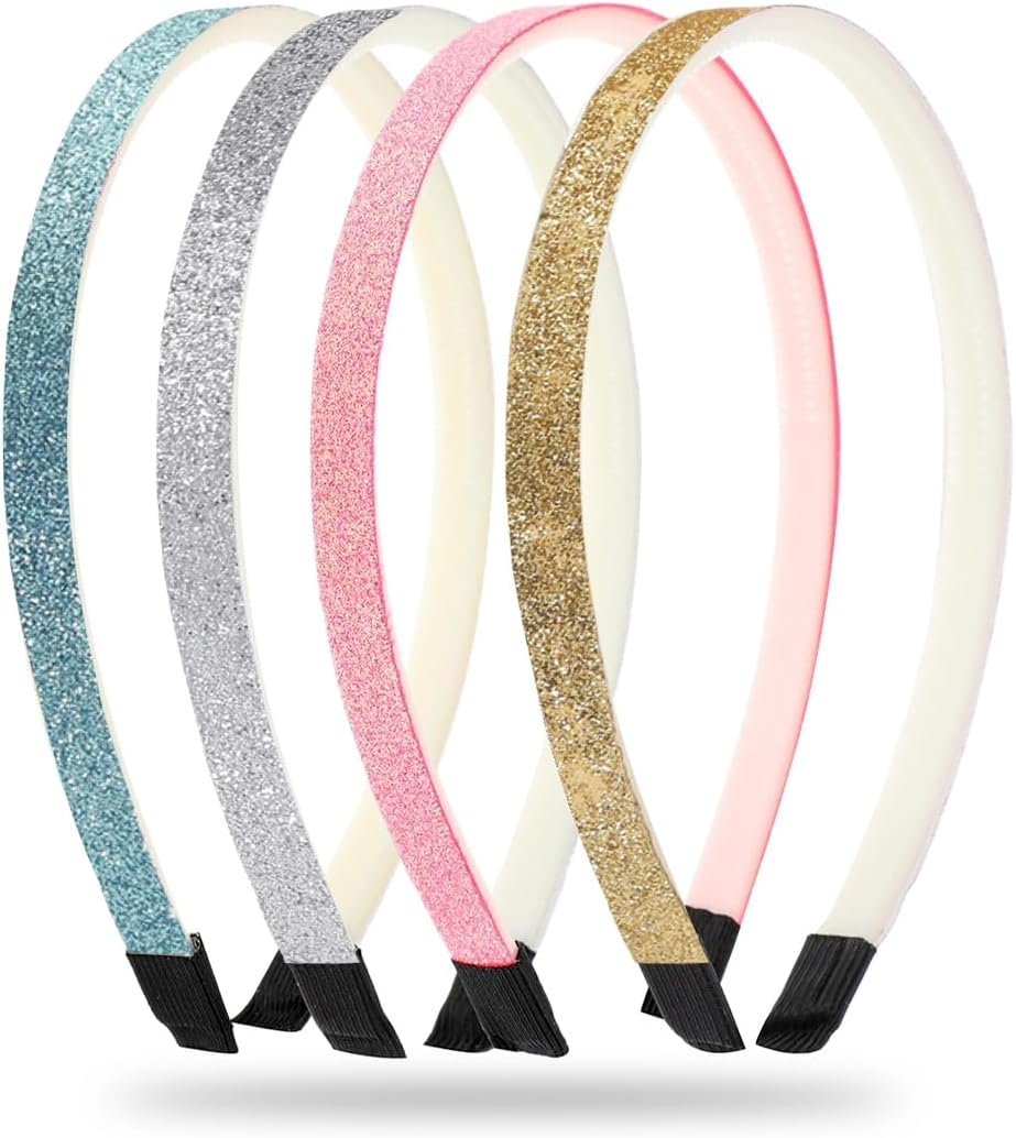 GHPKOTW Pack of 4 Glitter Headbands, Colourful Hair Accessories, Plastic, Glittering, Cute, Non-Slip, Thick, Glittery, Confetti, Rainbow Hair Bands with Teeth for Little Girls (Gold, Silver, Pink, image number 5