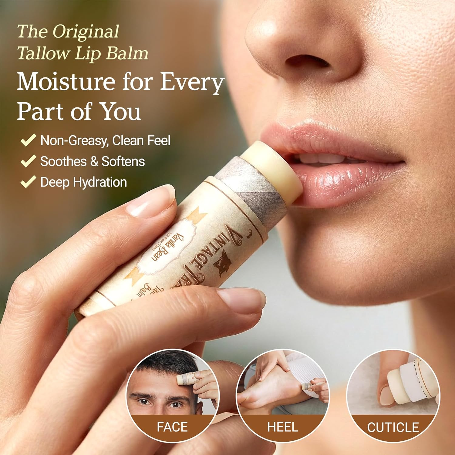 Moisturizing Beef Tallow Lip Balm &ndash; Tube Lip Moisturizer with Vanilla Extract Hydrates & Soothes Dry Lips &ndash; Grass-Fed Tallow Balm for Skin Care by Vintage Tradition, 0.5 Fl. Oz. image number 3