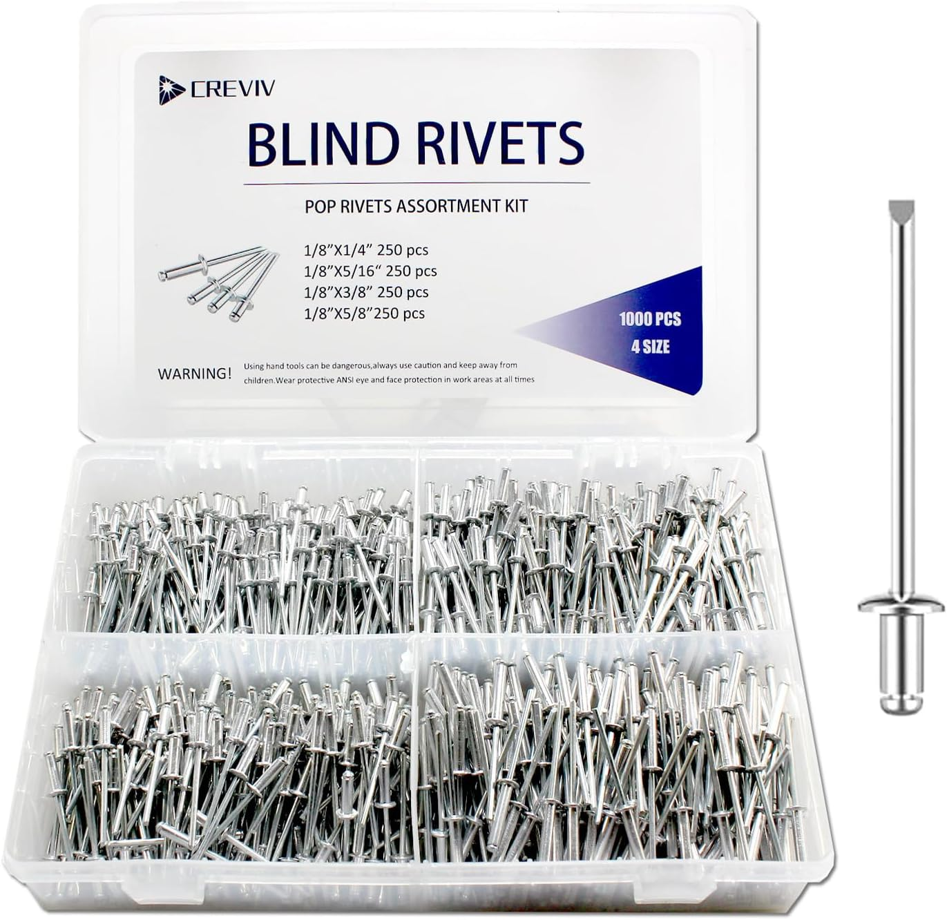 Blind Rivets Assortment Kit 1000 Pcs - Aluminum Pop Rivets (1/8 4 Sizes) Corrosion-Resistant Fasteners for Automotive, Construction, Metalworking - Bulk Multi-Size Rivet Kit with Durable Case