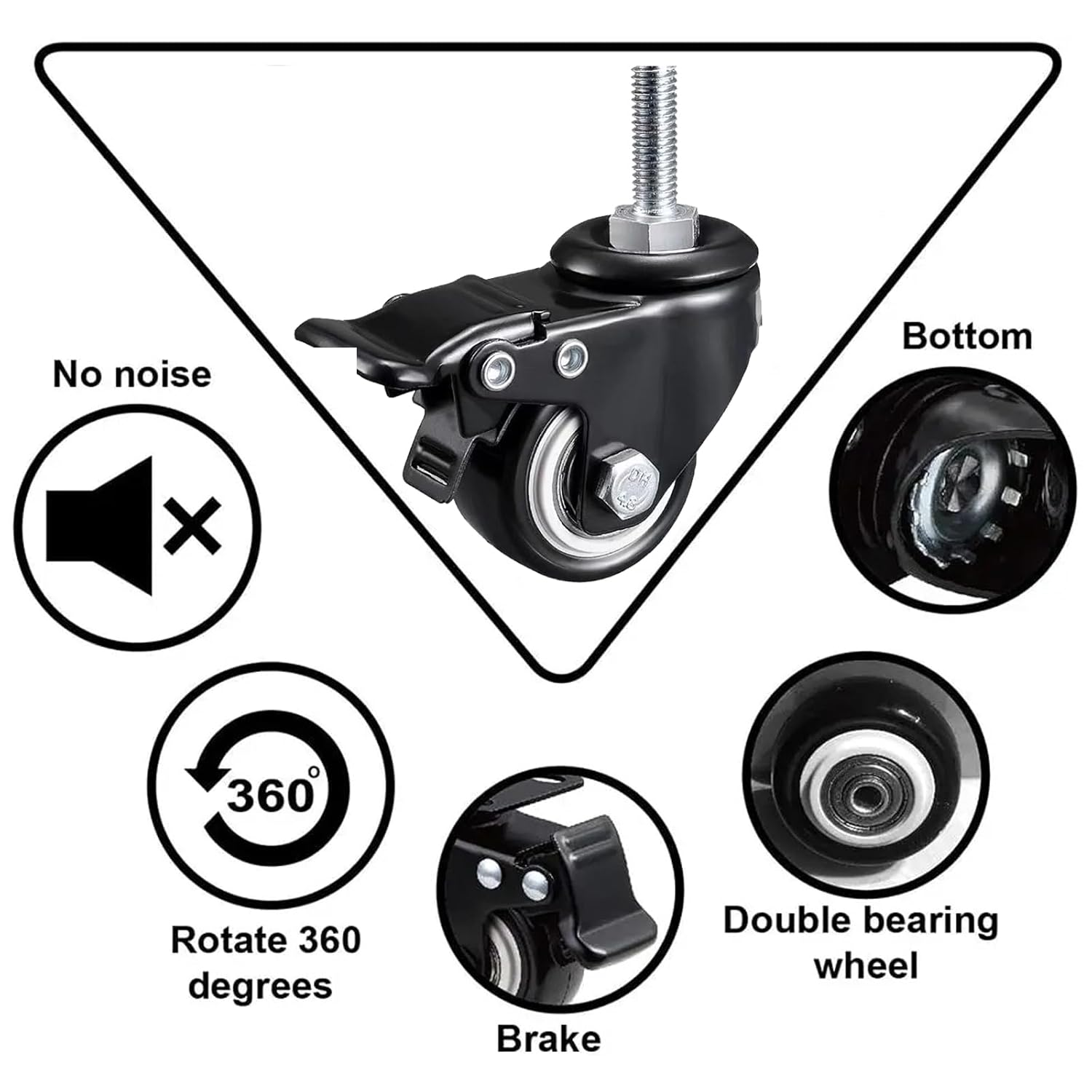 MYLEUS 4PCS 2" Heavy Duty Swivel Castor Wheels with Brake,With M8X25 Threaded Stem and Nuts,No Floor Marks, 600Lbs Capacity, for Furniture Workbench Trolley