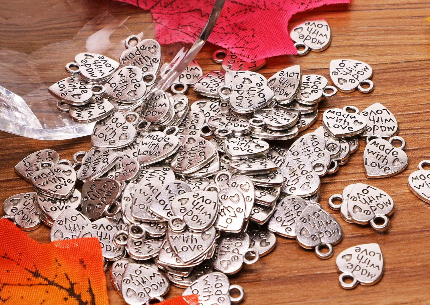 Shapenty 100PCS Mini Metal Beads Heart Shaped &ldquo;Made with Love&rdquo; Charms Bulk for DIY Craft Keychain Necklace Pendants Bracelets Earrings Jewelry Making Findings, 12 X 10Mm, Metal, Metal image number 6