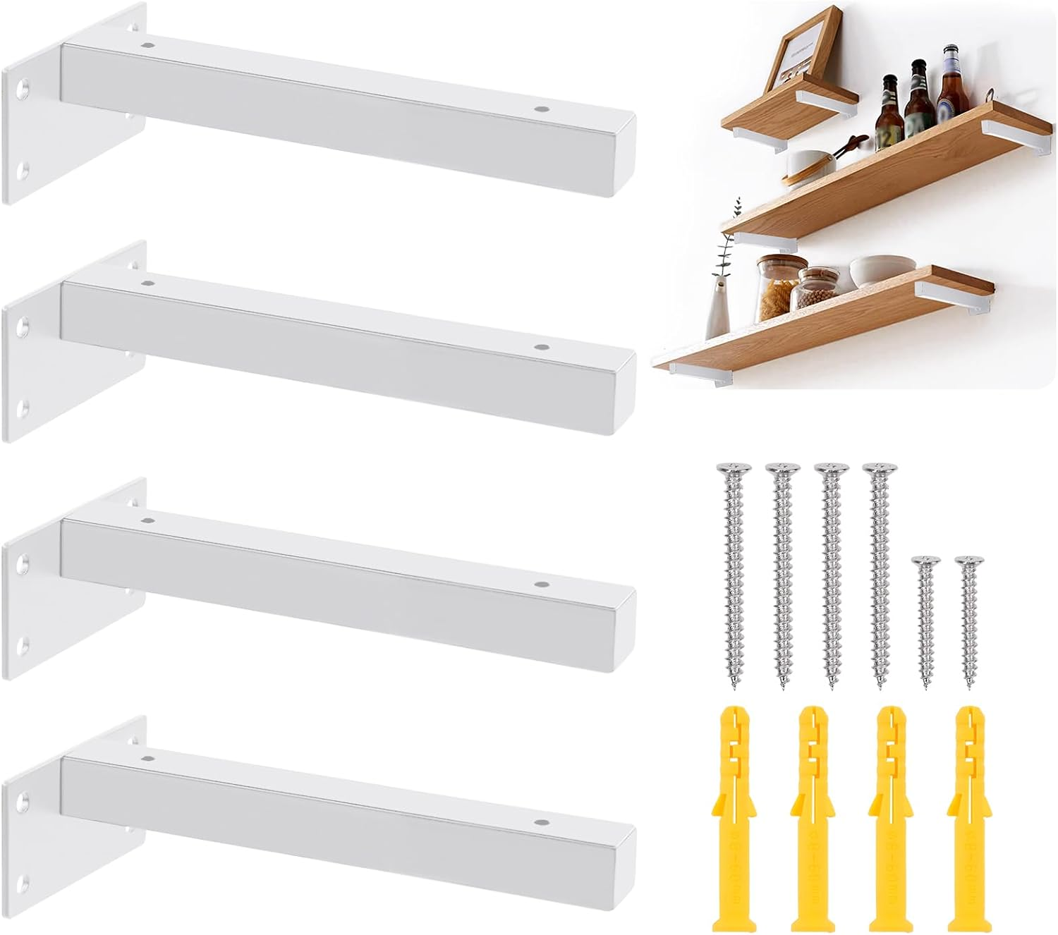 Mardatt 4Pcs 8&rdquo; White Shelf Bracket with Screws and Anchors, Floating Shelf Brackets Heavy Duty Shelf Supports Mounted Shelf Brackets Hidden L Shelf Bracket for Shelves Support image number 2