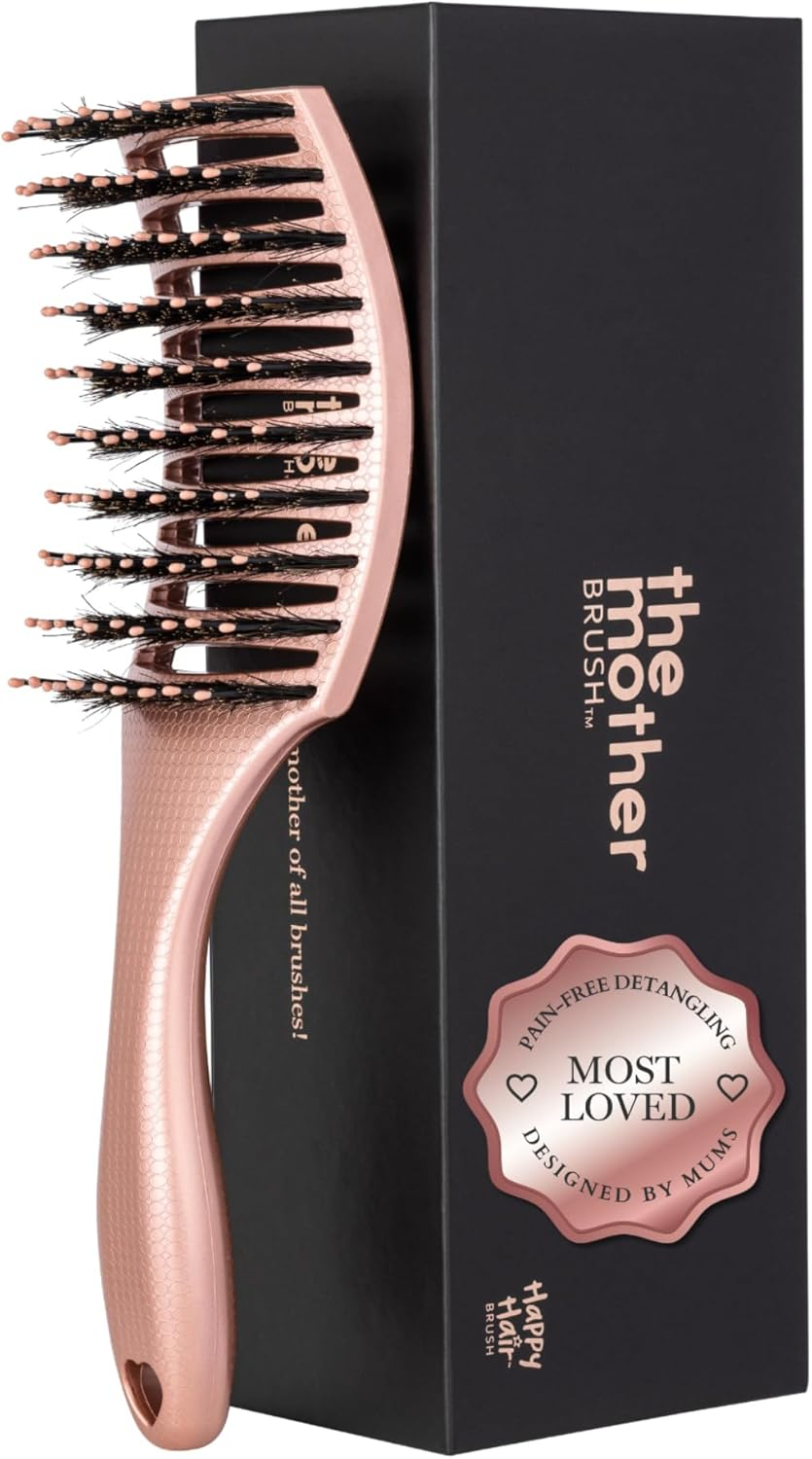 HAPPY HAIR Mother Brush - Detangling Hair Brush with Boar Bristles & Pins | Designed by Women to Detangle & Smooth Thick, Fine or Curly Hair | Pain-Free Slick Back Brush | Massage Scalp (Rose Gold)