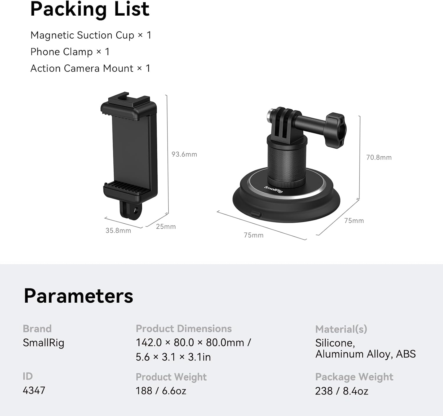 SMALLRIG 2-In-1 Magnetic Suction Cup Mount, Powerful Camera Mount for Gopro, for Action 6, for Insta360 and Phone, 360&ordm; Rotation for Car and Gym 4347 image number 1