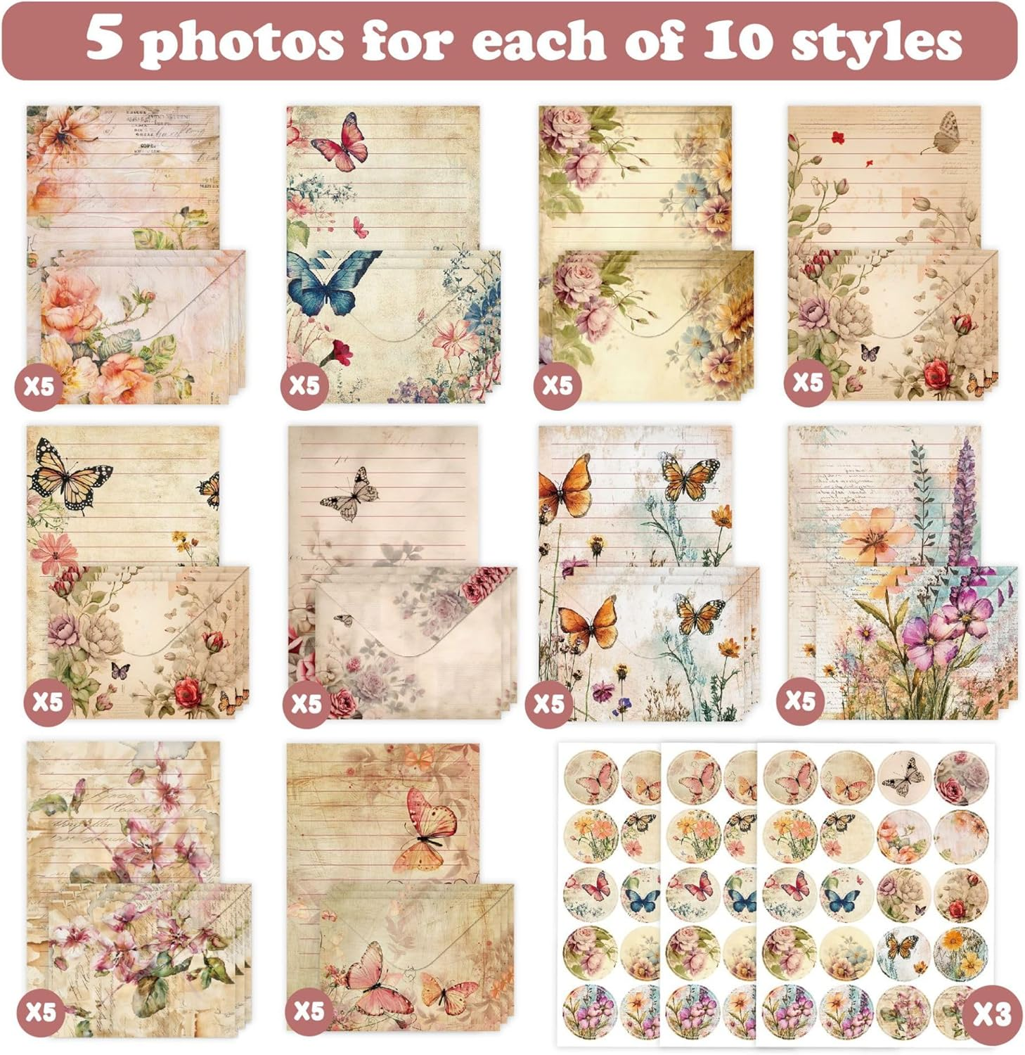 Jascherry 50 Sheets of Stationery with Envelopes, 10 Ddesigns of Stationery with 3 Sticker Sheets, Elegant Stationery Set for Invitation Cards, Congratulations Cards, Set C image number 3