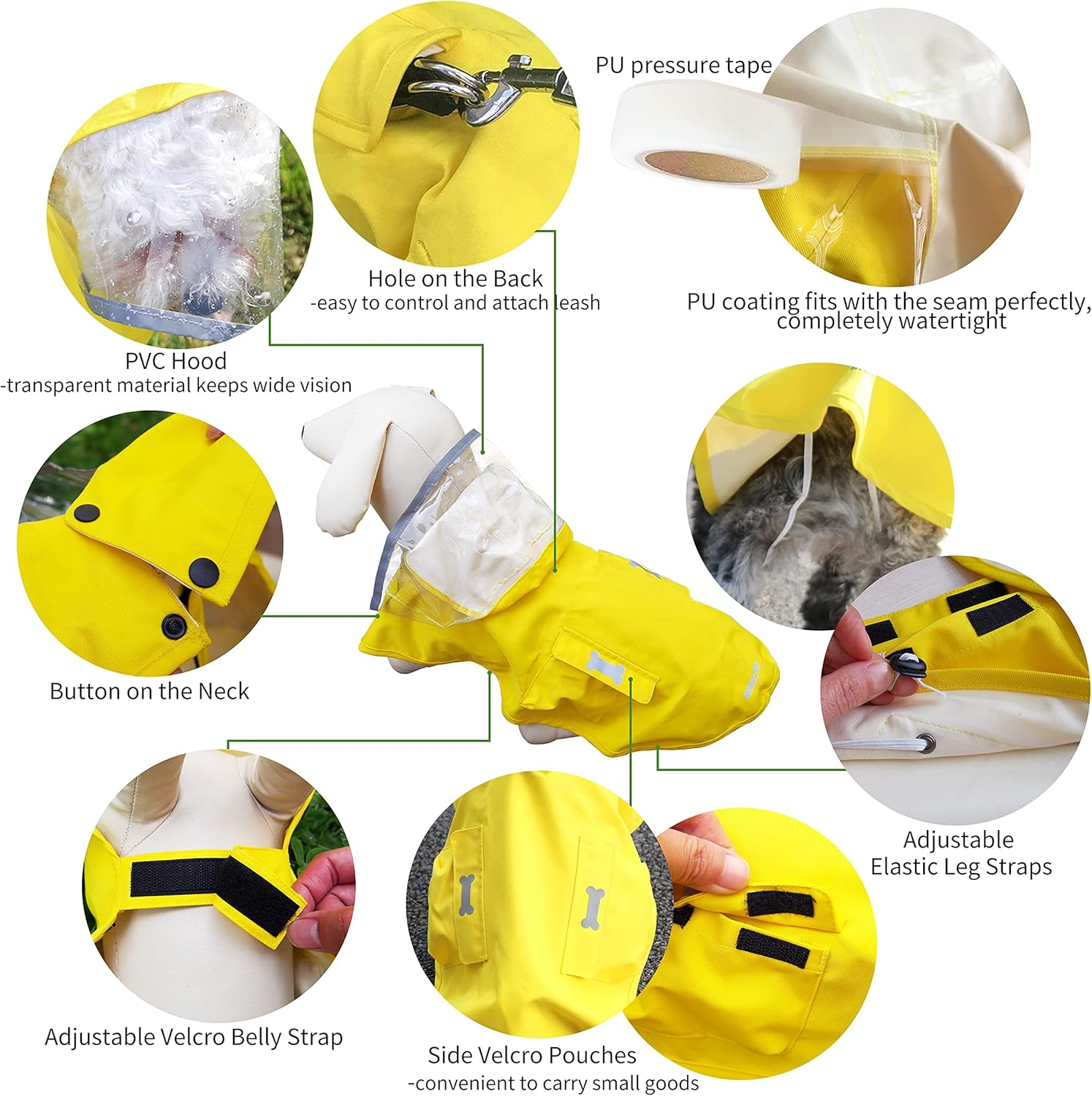 Waterproof Dog Raincoat, Adjustable Reflective Lightweight Pet Rain Clothes with Poncho Hood (Large, Yellow)