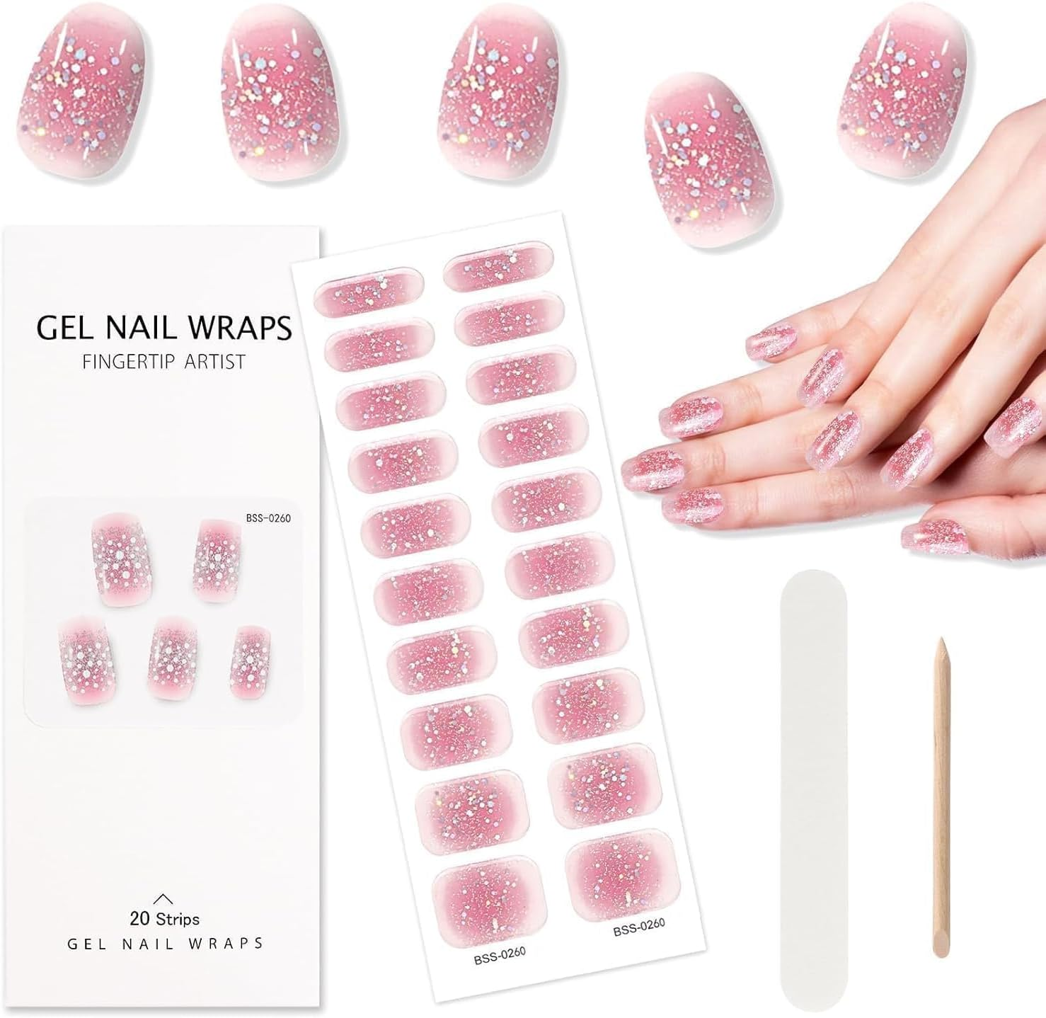 EBANKU 20PCS Gel Nails Polish Strips, Adhesive Full Wrap Nails Art Sticker, Waterproof Nail Wrap Stickers with File and Stick（Uv/Led Lamp Required）