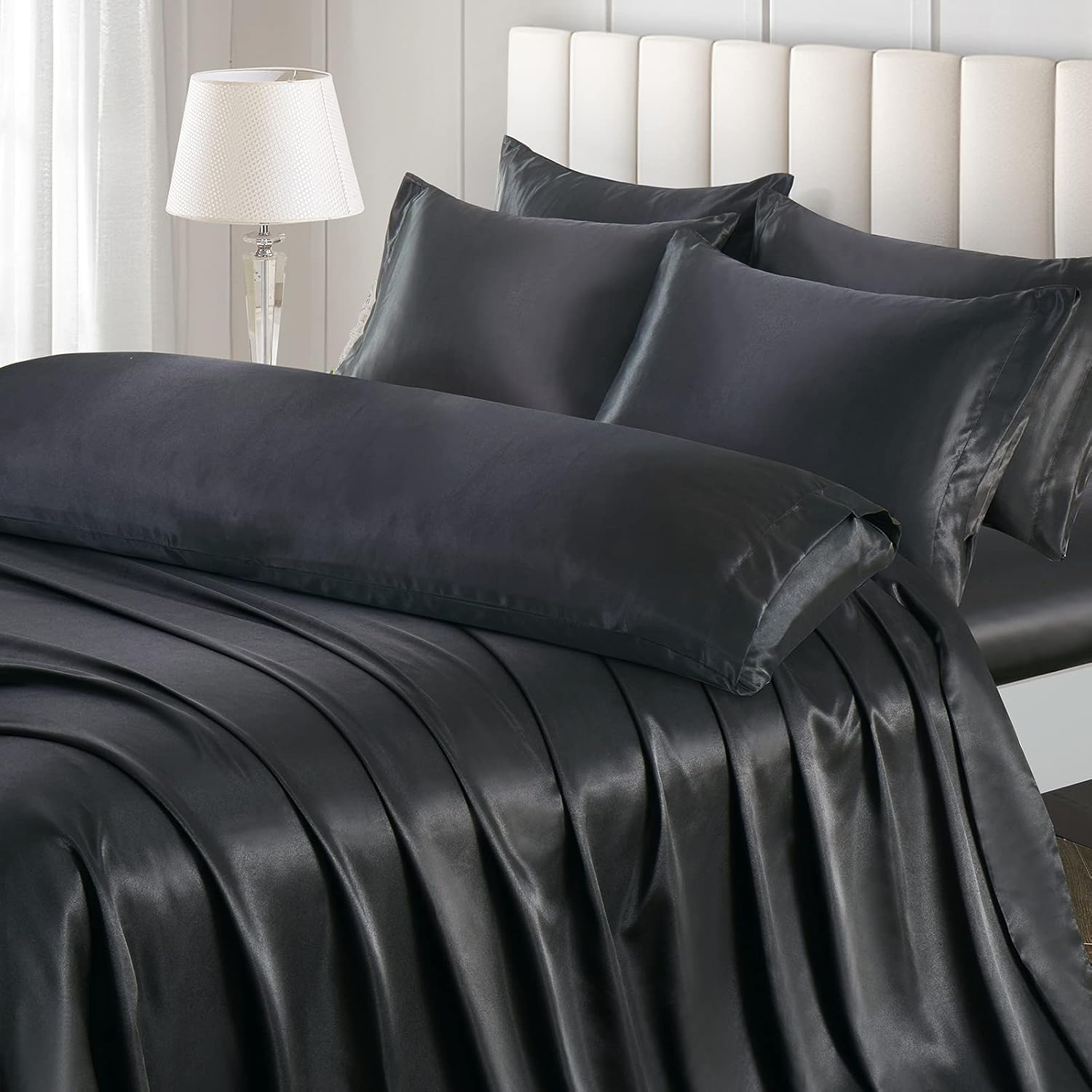 Ersmak 7 Pieces Satin Sheets Set Queen Size, Luxury Silky Grey Satin Bed Sheets Set with 1 Deep Pocket Fitted Sheet, 1 Soft Flat Sheet, 4 Queen Pillowcases and 1 Body Pillowcase